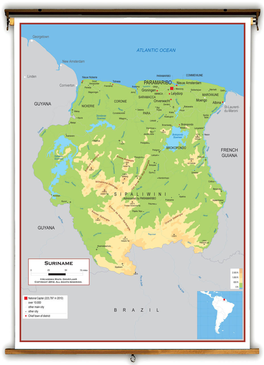 Suriname Physical Educational Wall Map from Academia Maps, image 1, World Maps Online