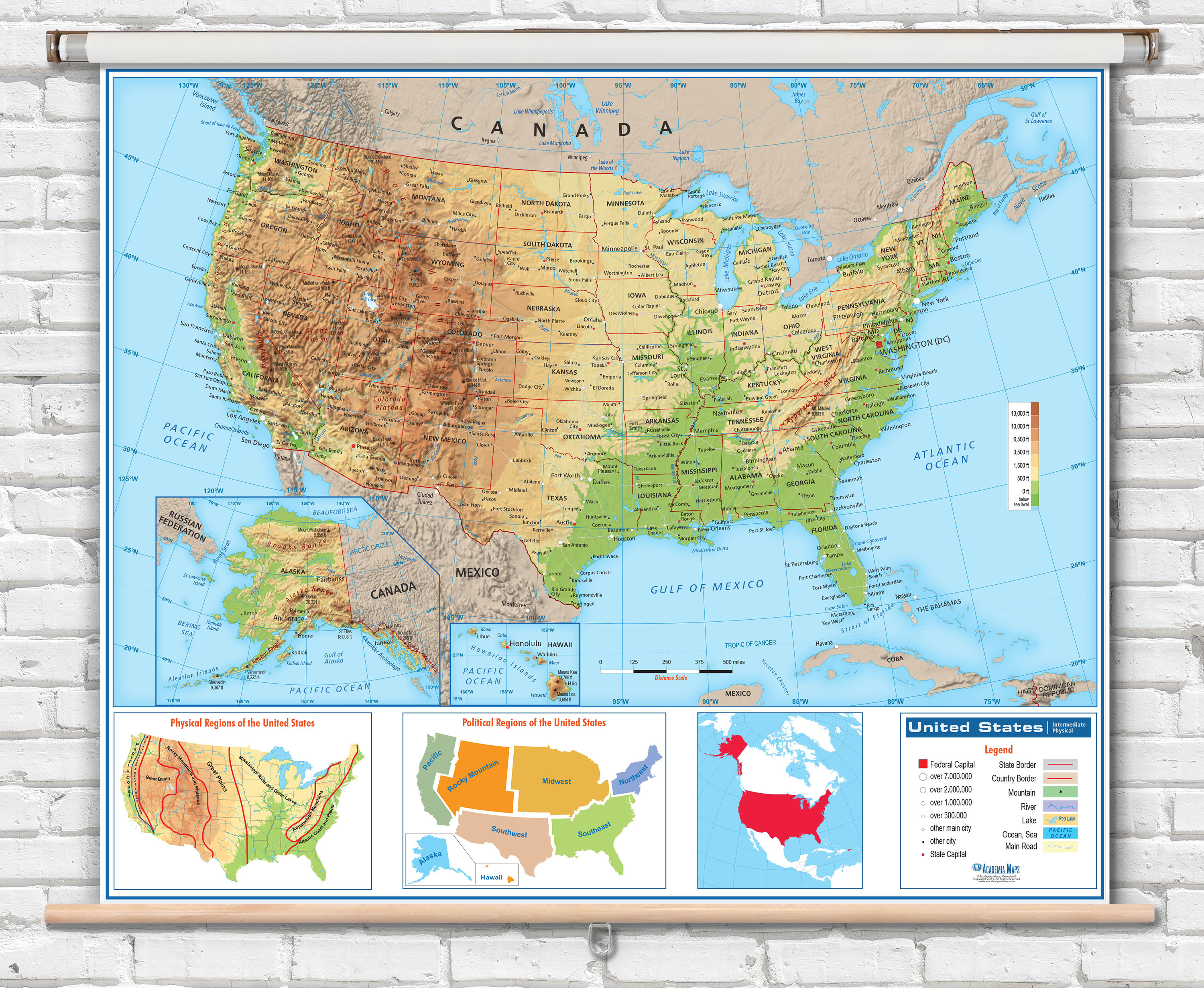 U.S. Intermediate Physical Pull-Down Map on Spring Roller, World Maps Online