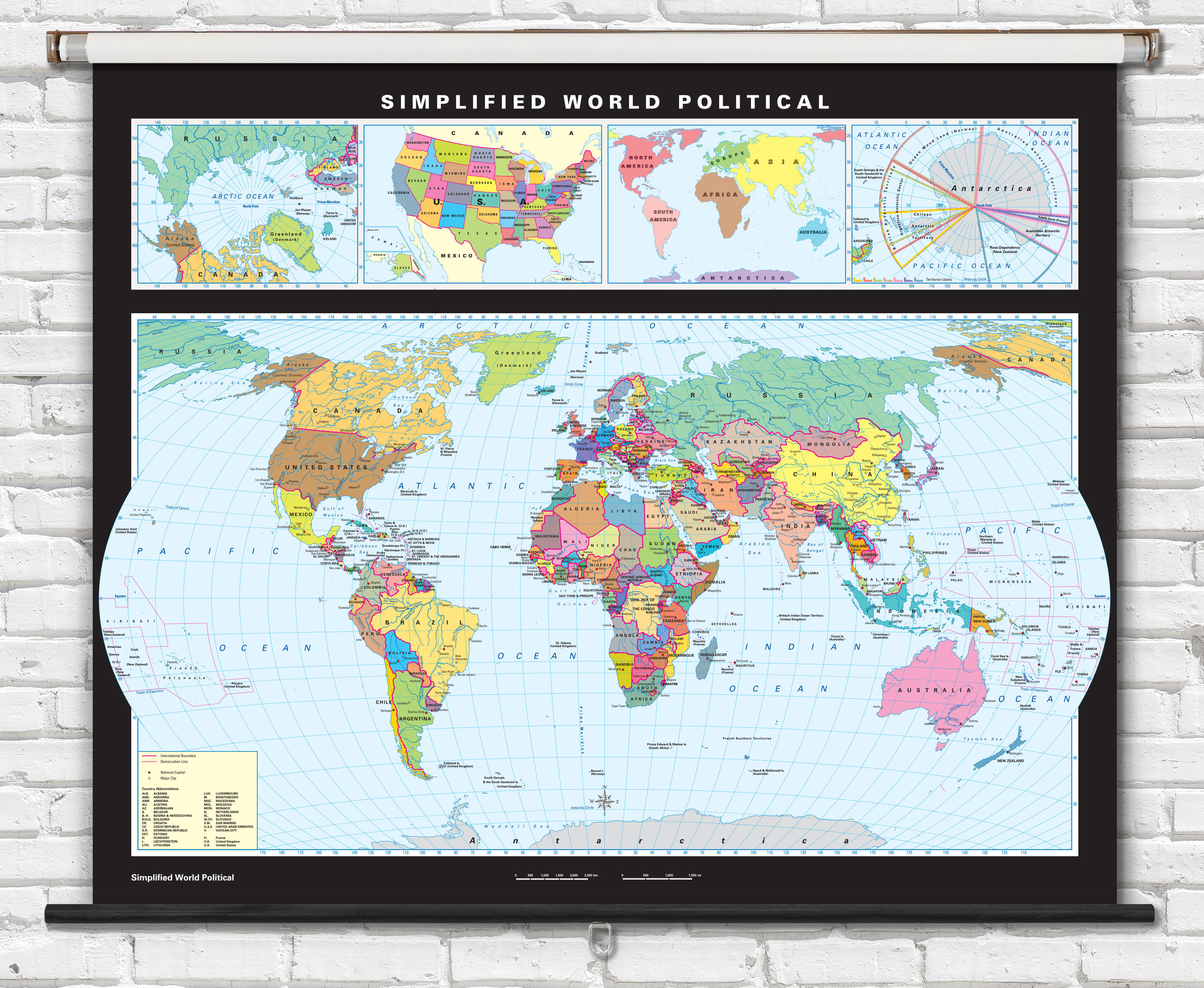Simplified World Political Map on Spring Roller from Klett-Perthes