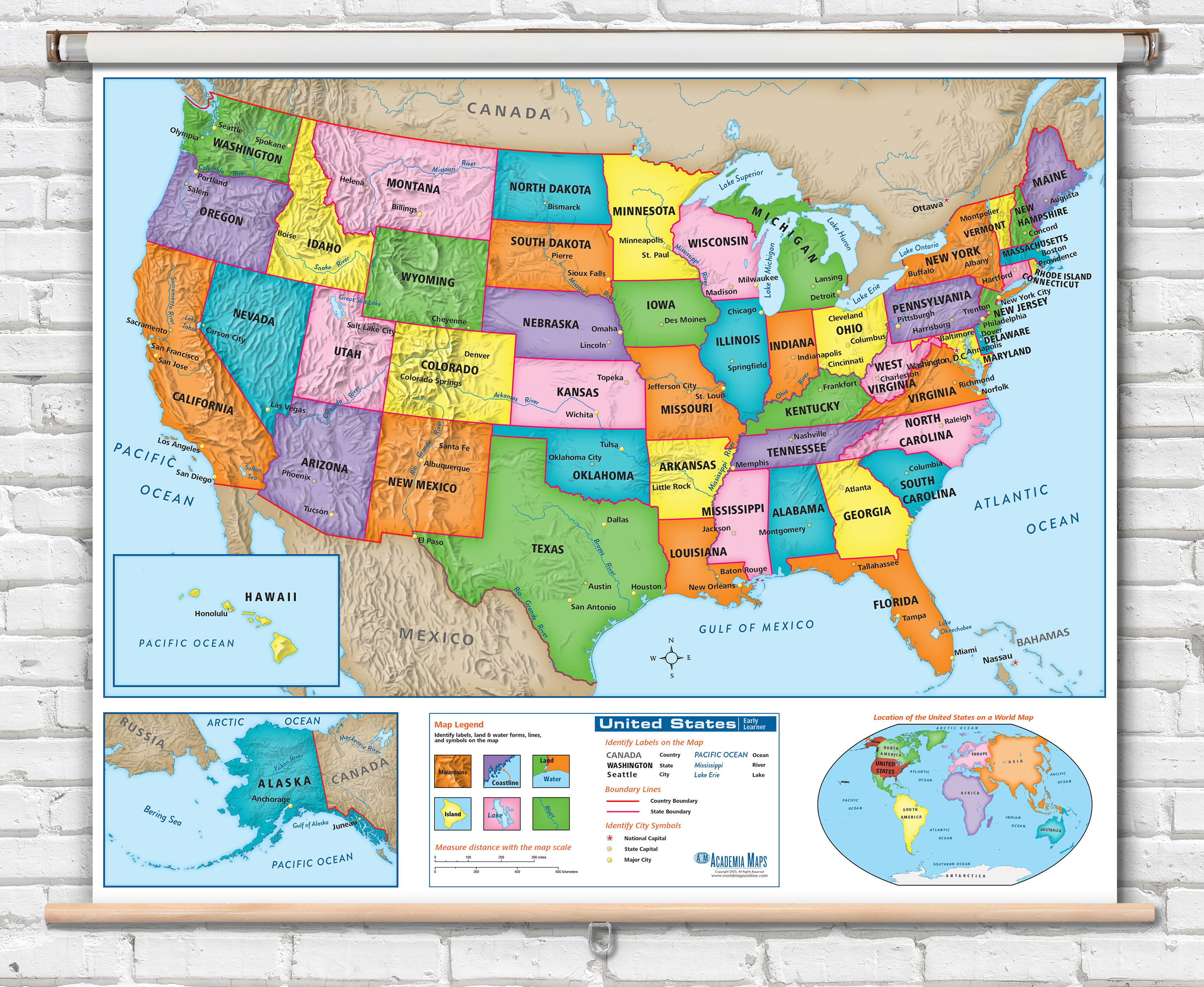 U.S. Early Learner Spring Roller Map for Classrooms, World Maps Online