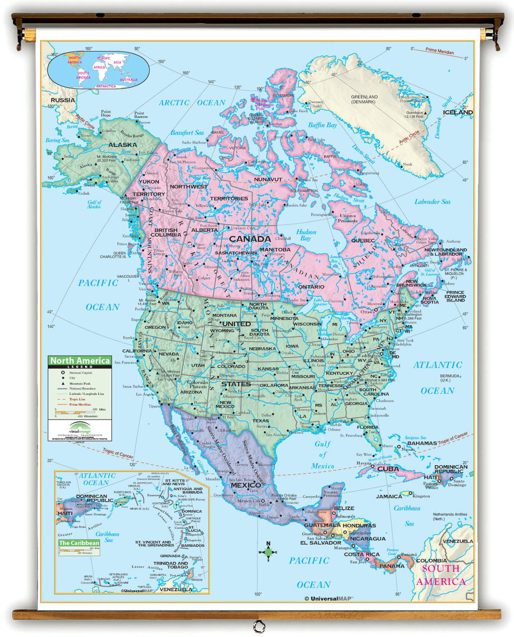 Primary North America Map on Spring Roller from Kappa Maps, image 1, World Maps Online