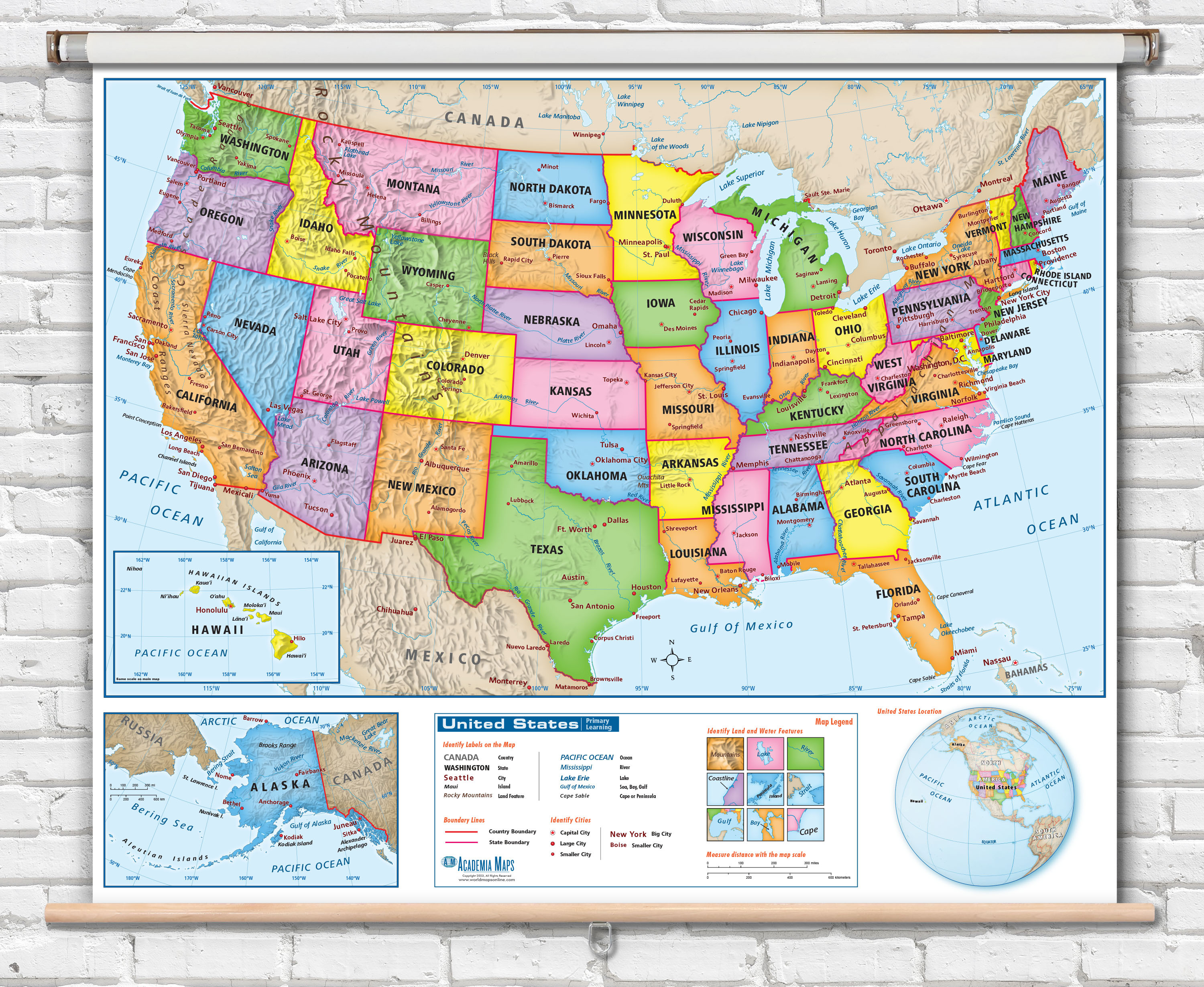 U.S. Primary Learning Political Pull-Down Classroom Spring Roller Map, World Maps Online