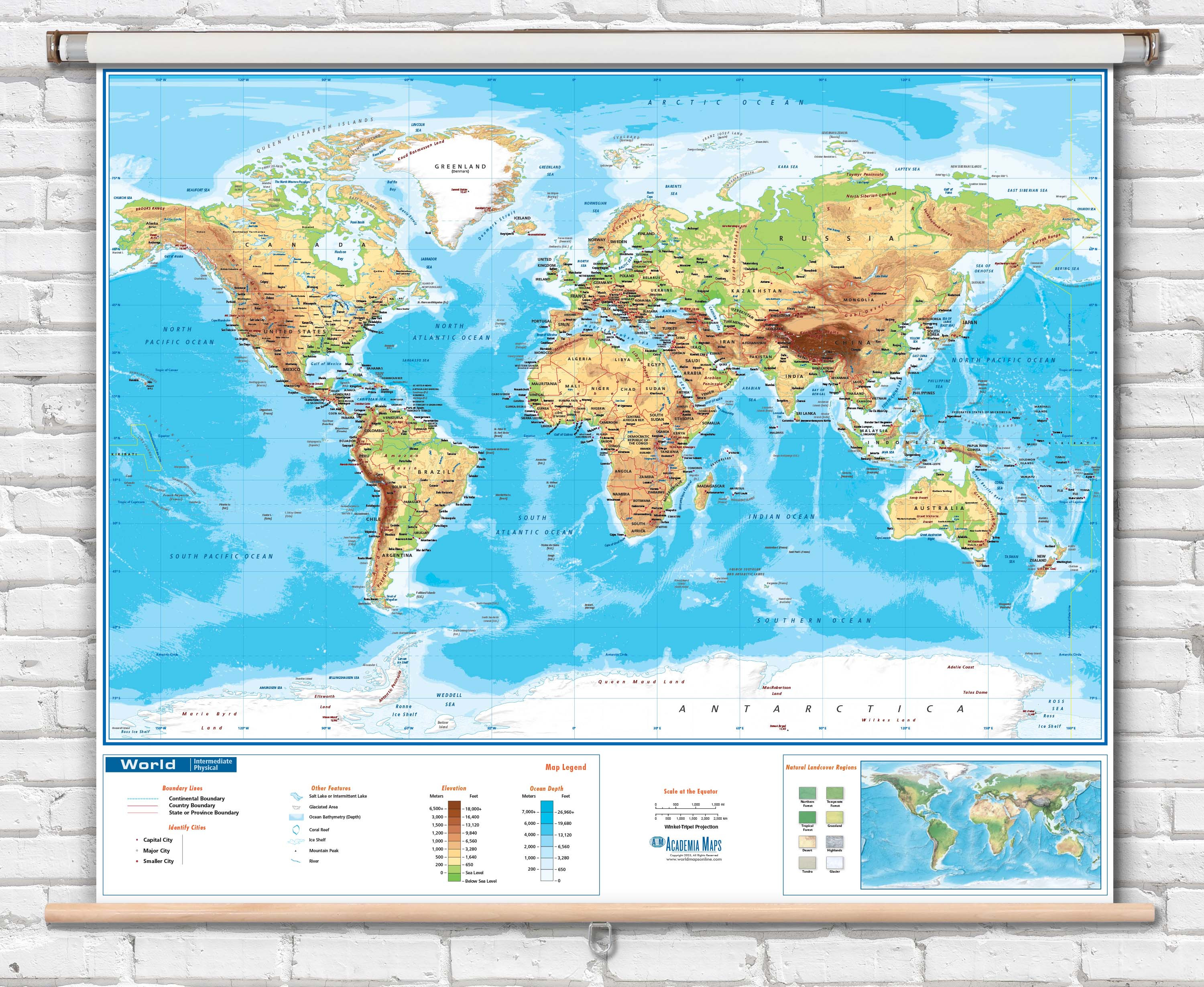 World Intermediate Physical Pull-Down Spring Roller Map for Classrooms, World Maps Online