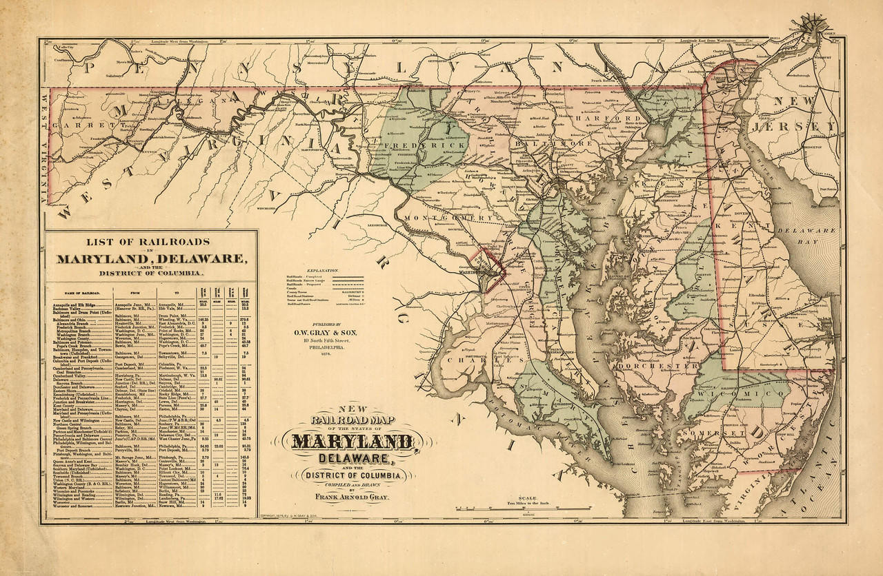 Historic Railroad Map of Maryland & Delaware - 1876, image 1, World Maps Online