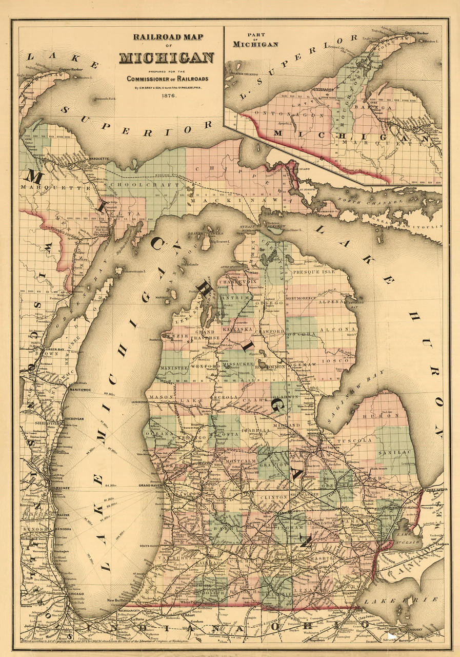Historic Railroad Map of Michigan - 1876, image 1, World Maps Online