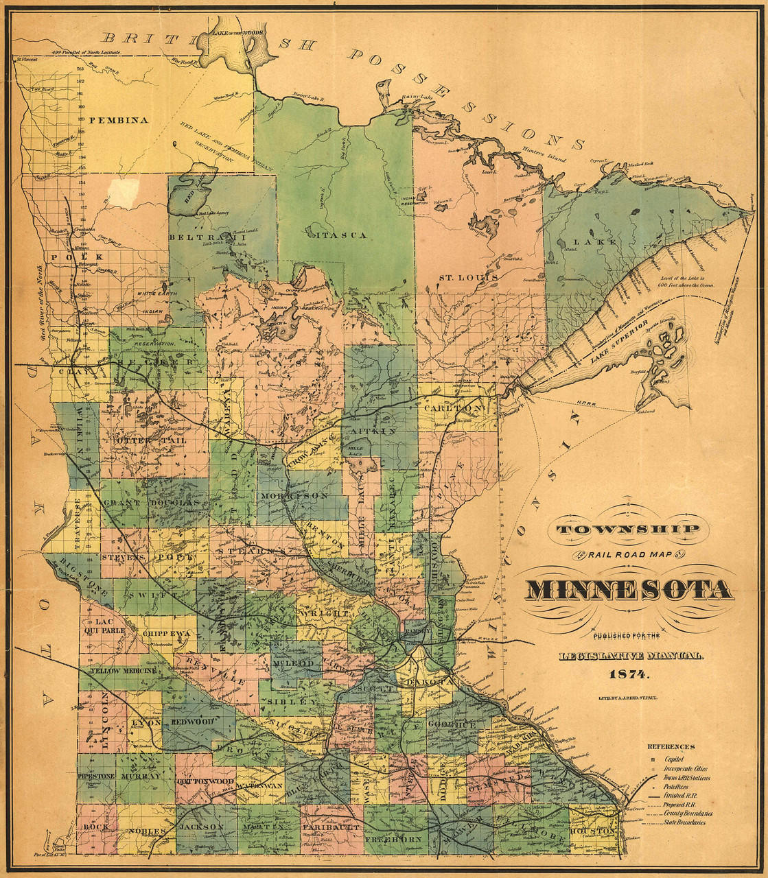 Historic Railroad Map of Minnesota - 1874, image 1, World Maps Online