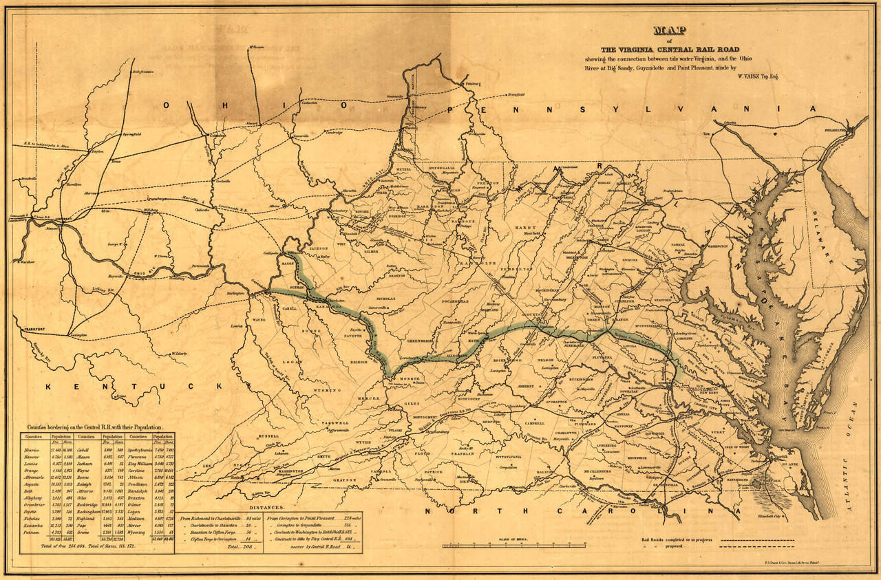 Historic Railroad Map of Virginia - 1852, image 1, World Maps Online