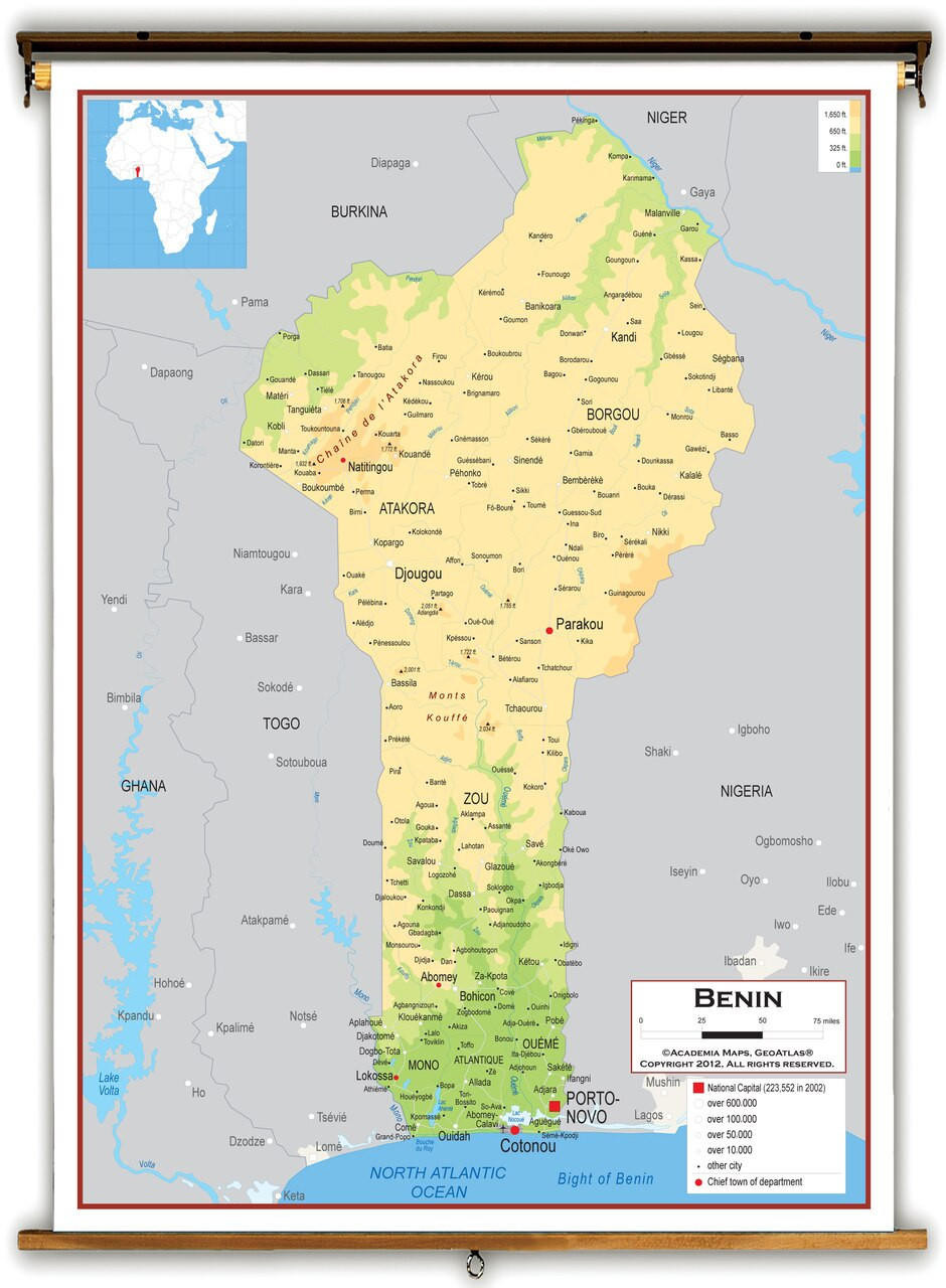 Benin Physical Educational Map from Academia Maps, image 1, World Maps Online