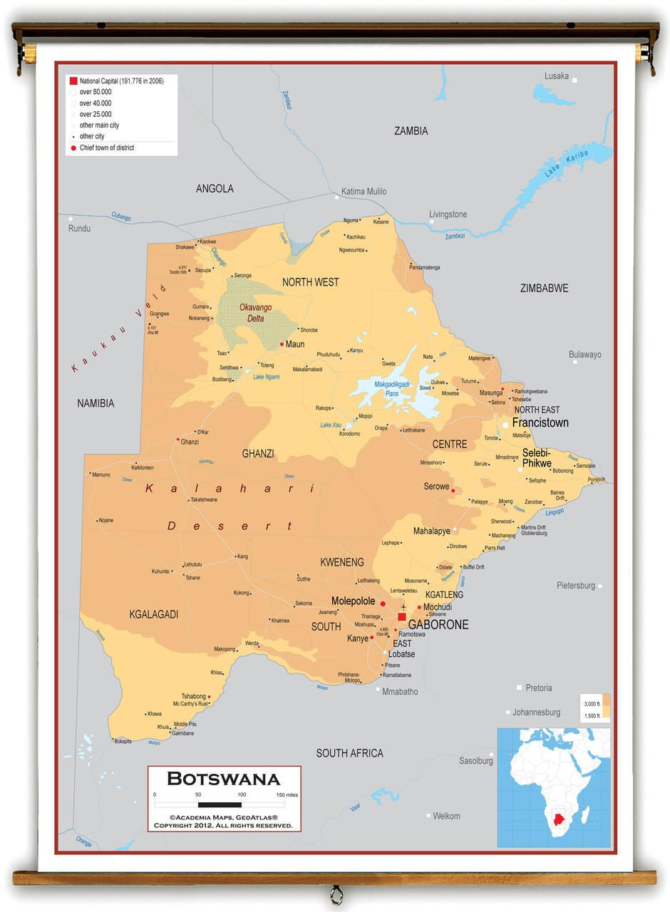 Botswana Physical Educational Map from Academia Maps, image 1, World Maps Online