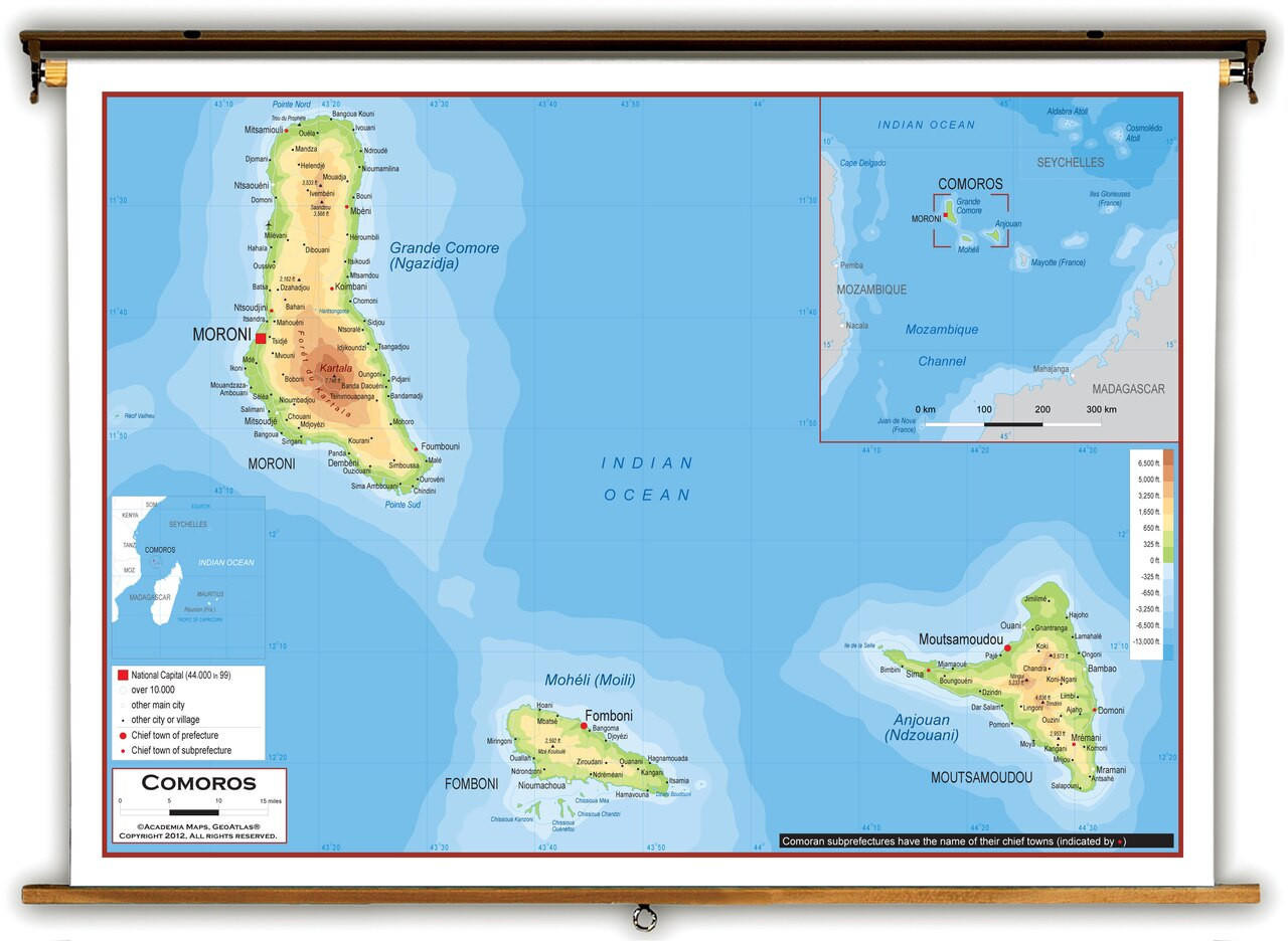 Comoros Physical Educational Map from Academia Maps, image 1, World Maps Online