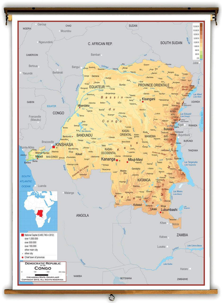 Democratic Republic of the Congo Physical Educational Map from Academia Maps, image 1, World Maps Online