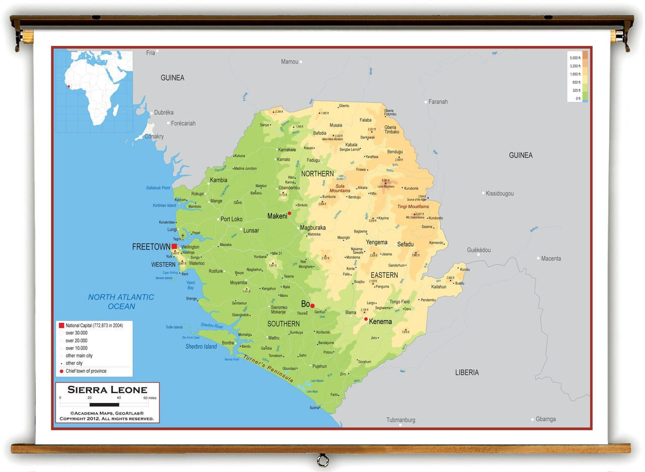 Sierra Leone Physical Educational Map from Academia Maps, image 1, World Maps Online