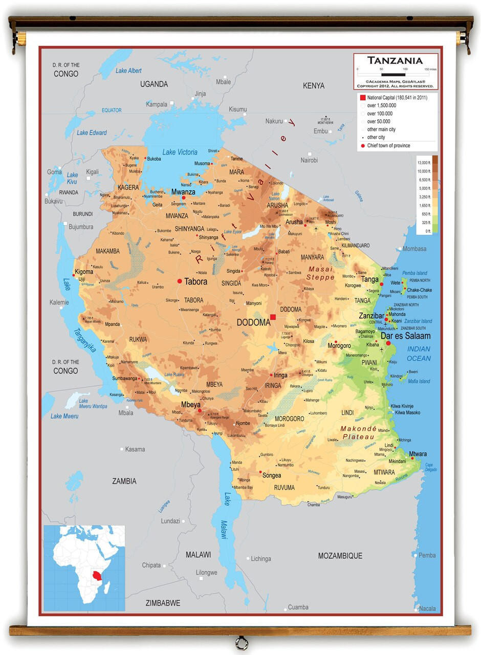 Tanzania Physical Educational Map from Academia Maps, image 1, World Maps Online