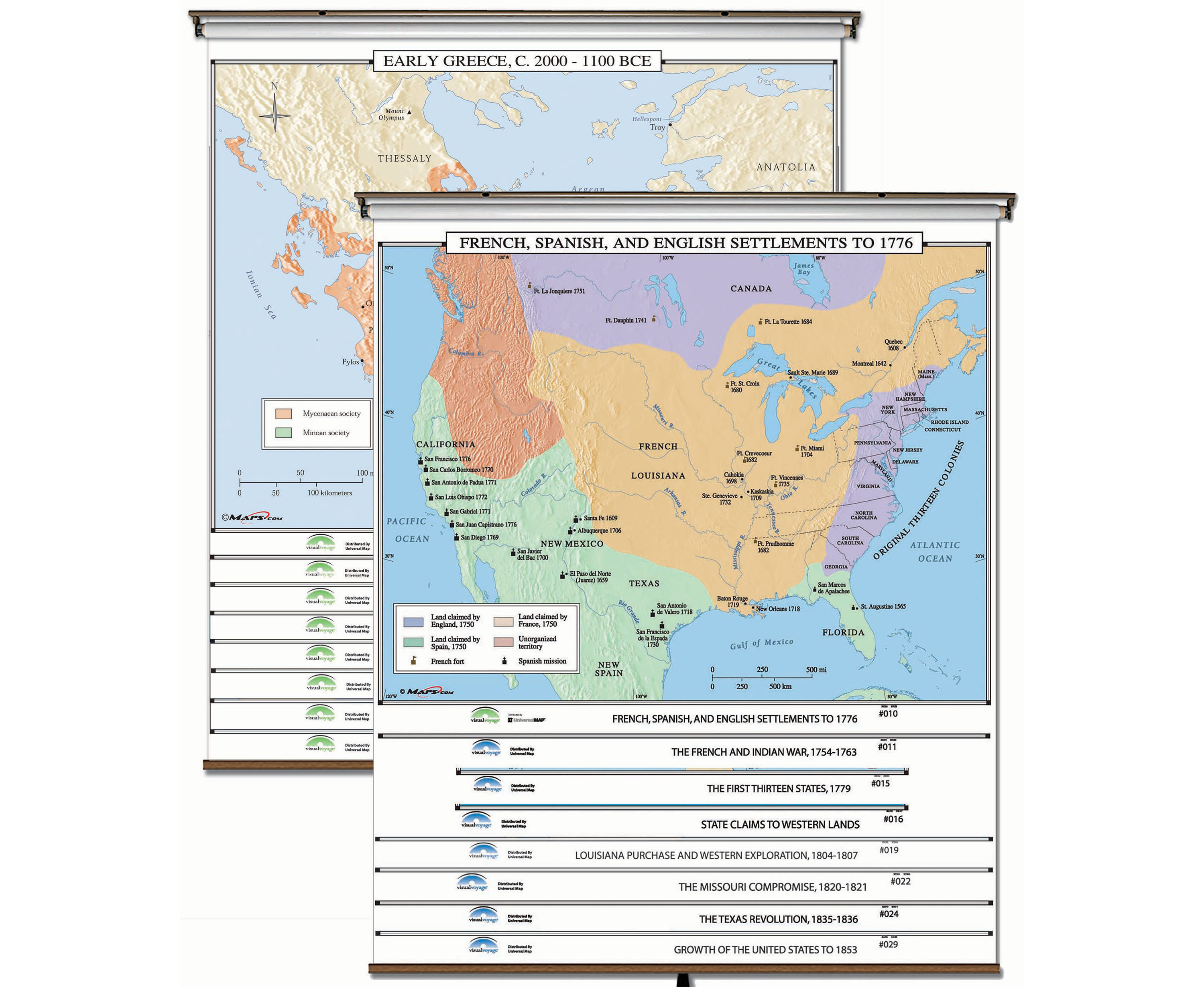 Custom U.S. History Map Sets for the classroom - up to 8 Maps on a single spring roller