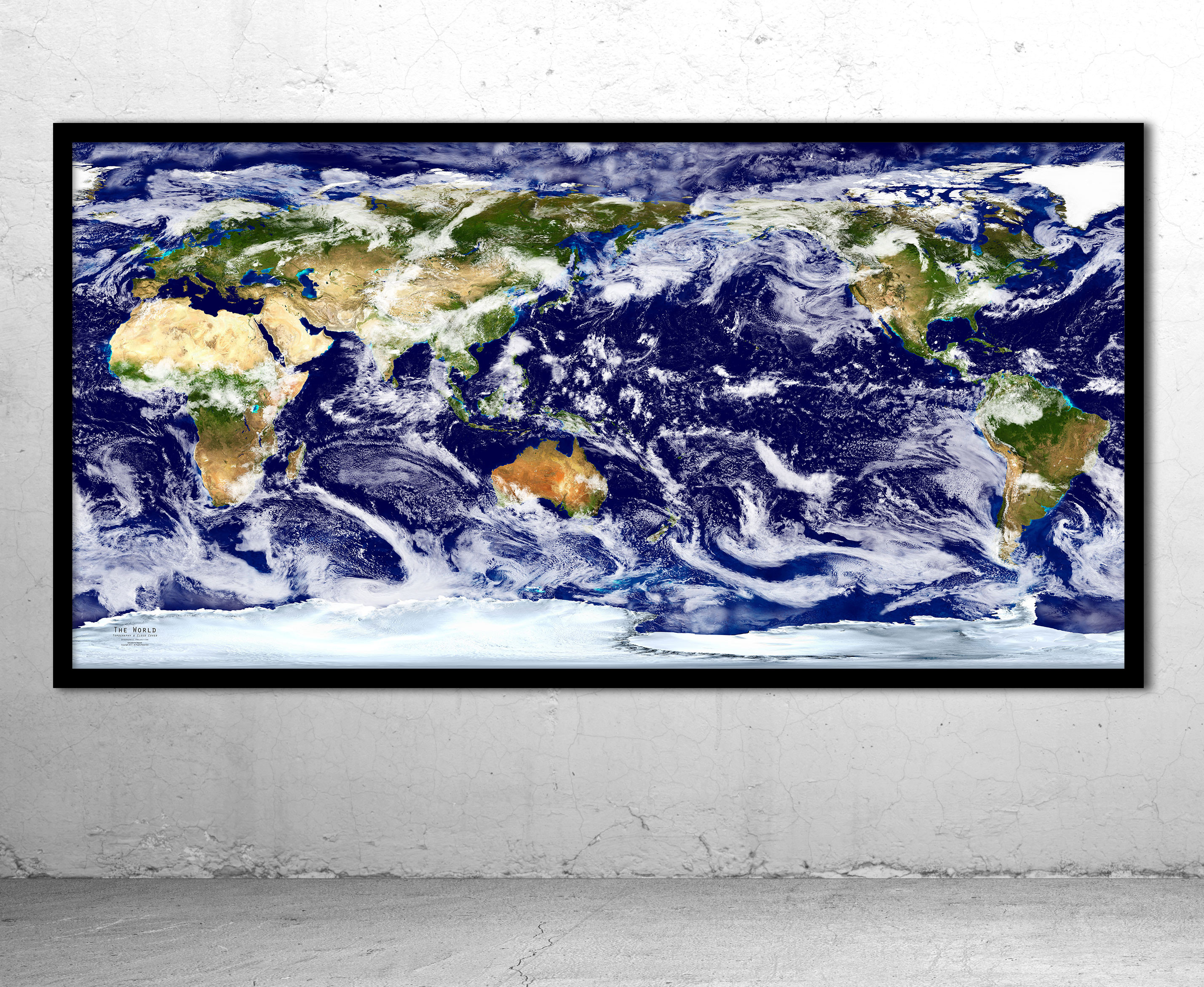 World Satellite Image Wall Map w/ Cloud Cover - Pacific Centered Framed
