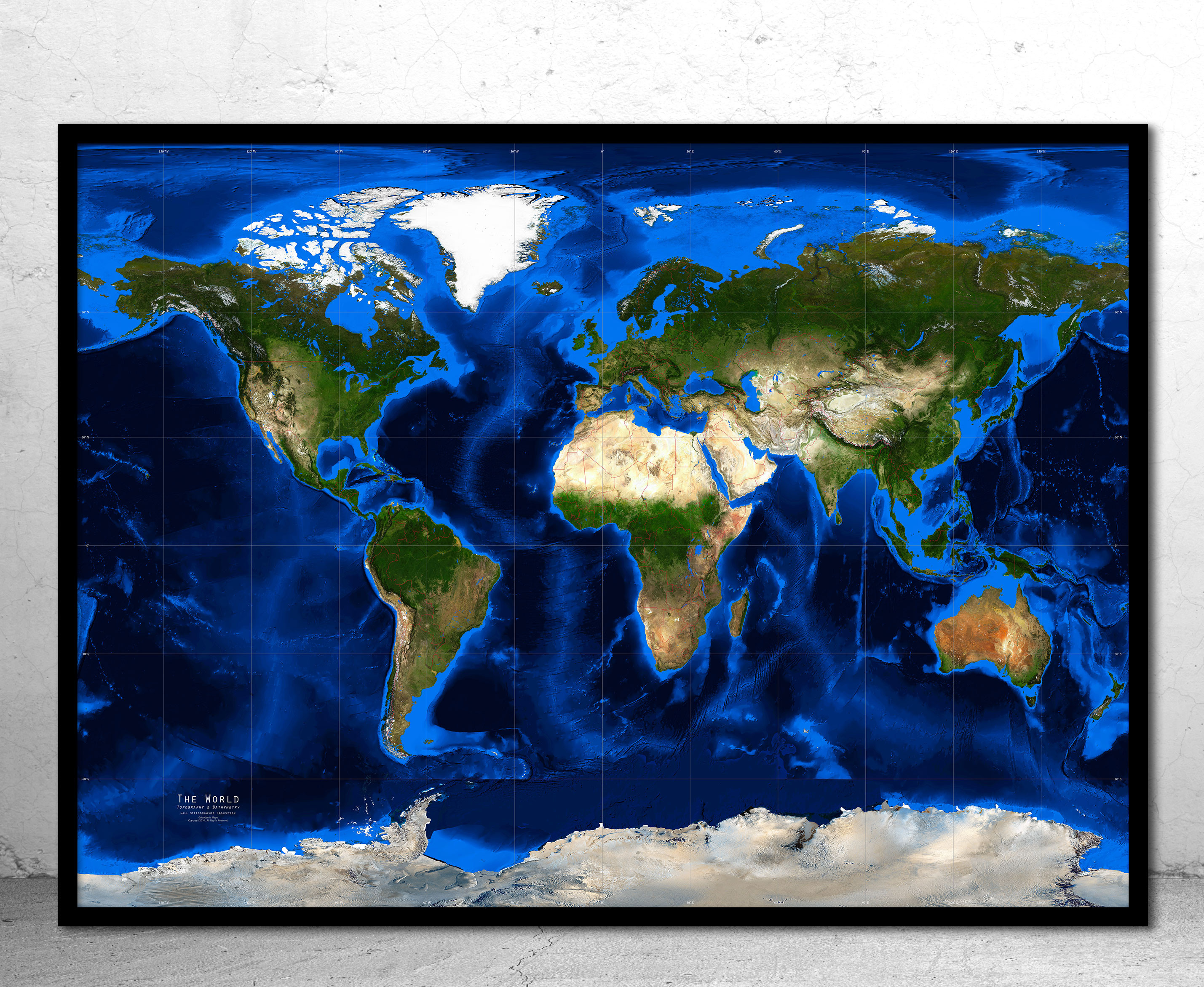 World Satellite Image Wall Map -  Topography & Bathymetry - Gall Stereographic Projection Framed