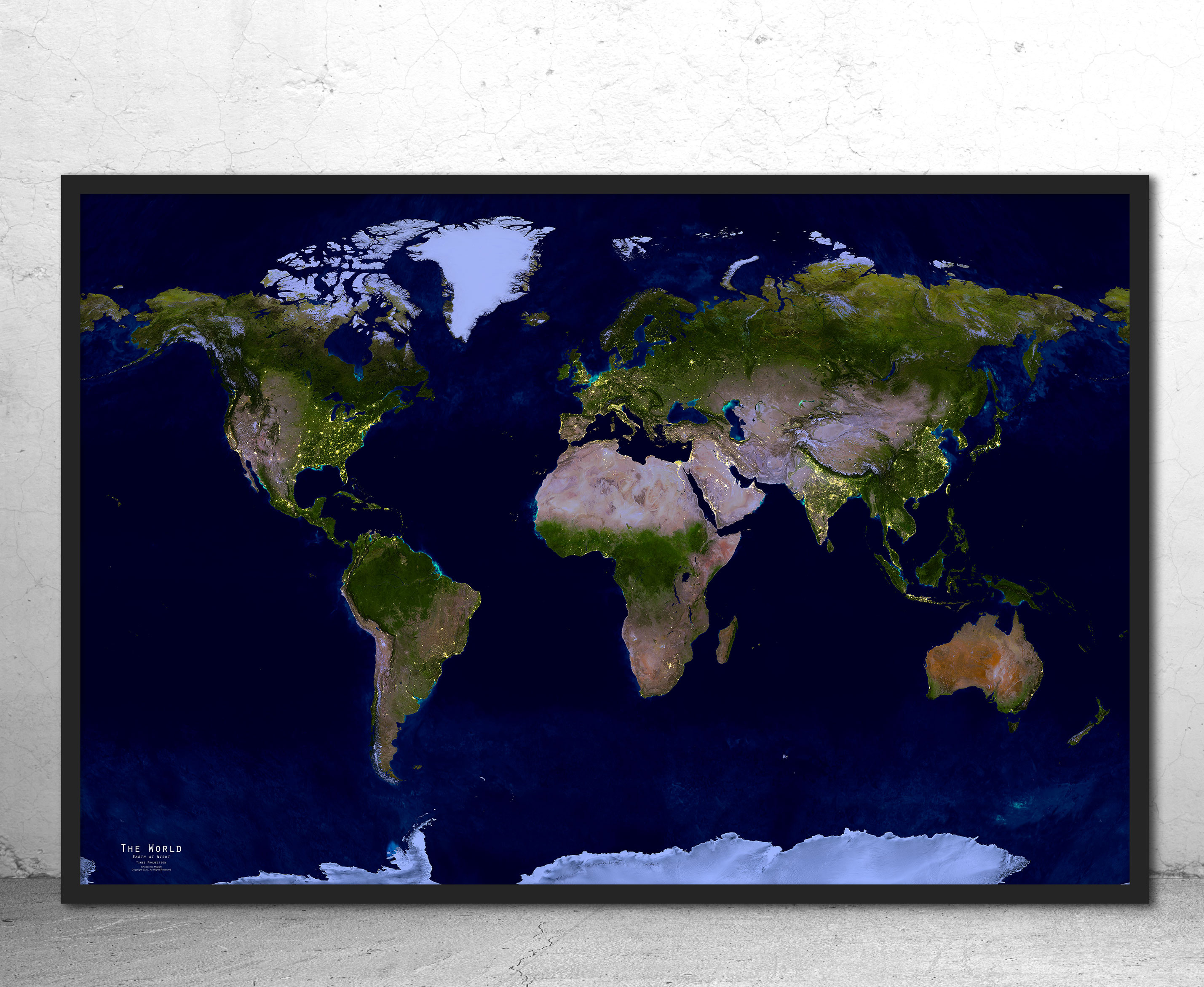 Earth at Night NASA City Lights World Wall Map - Times Projection Framed