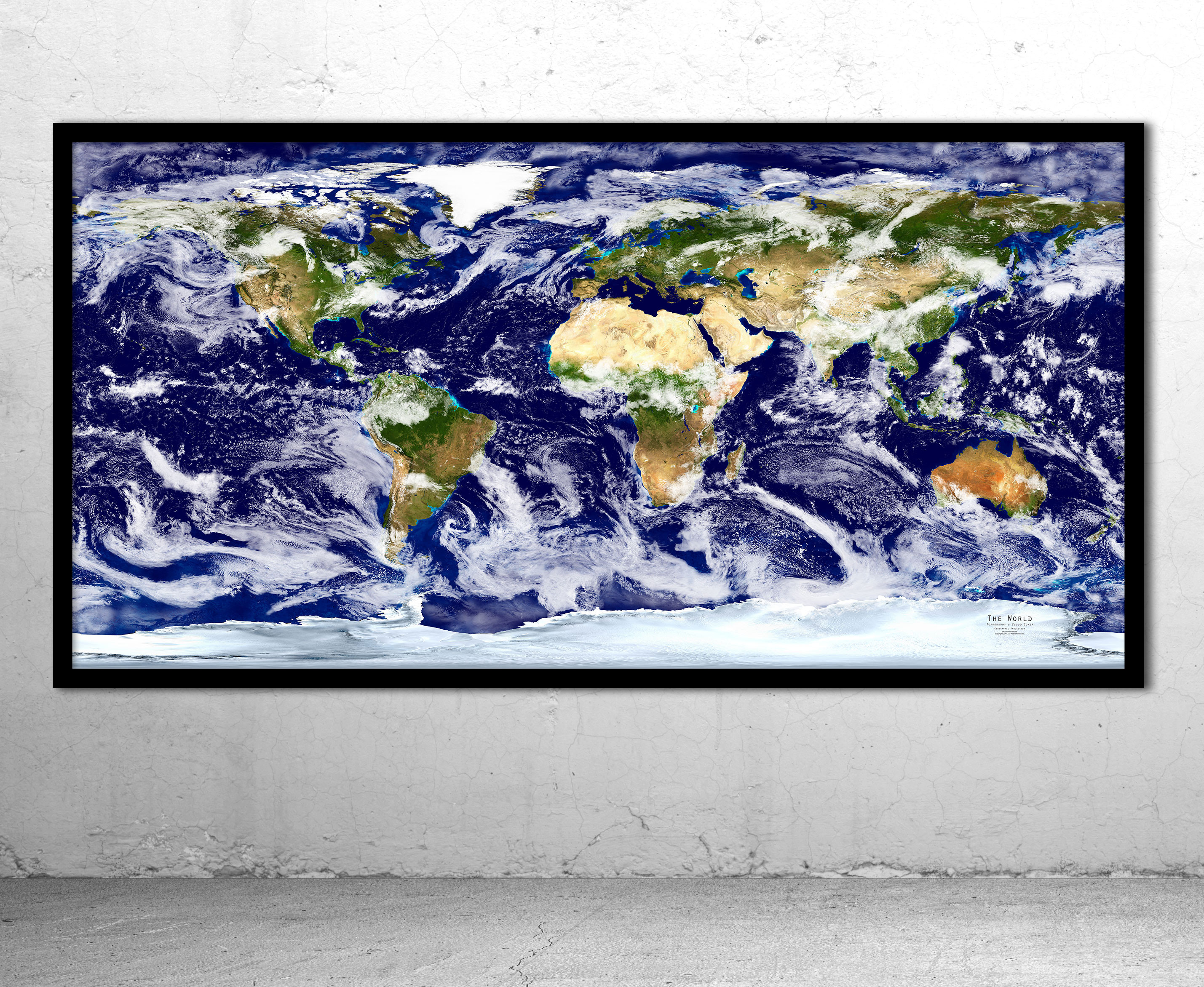 World Satellite Image Wall Map - Cloud Cover Framed