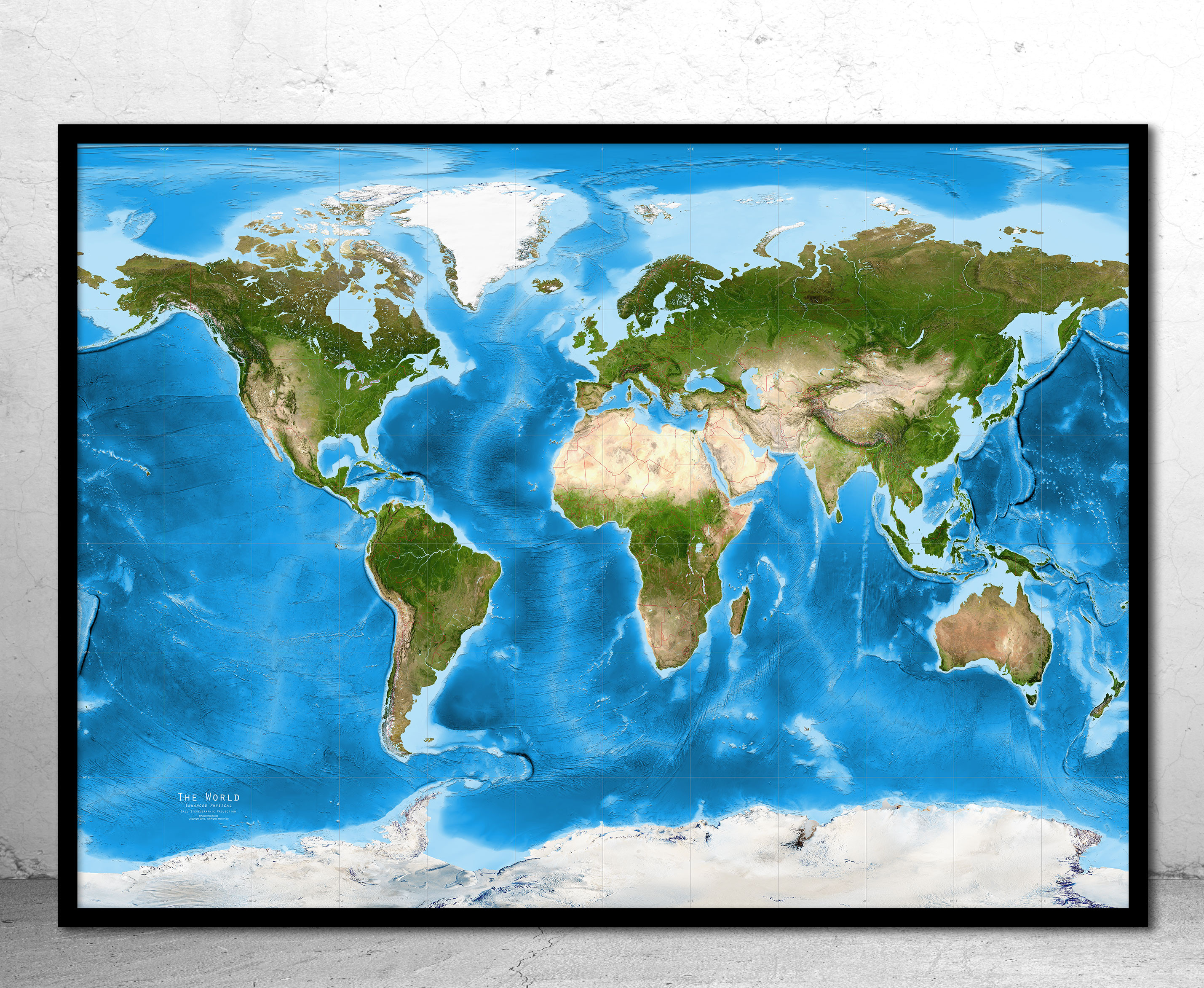 World Enhanced Physical Satellite Image Wall Map - Gall Stereographic Projection Framed