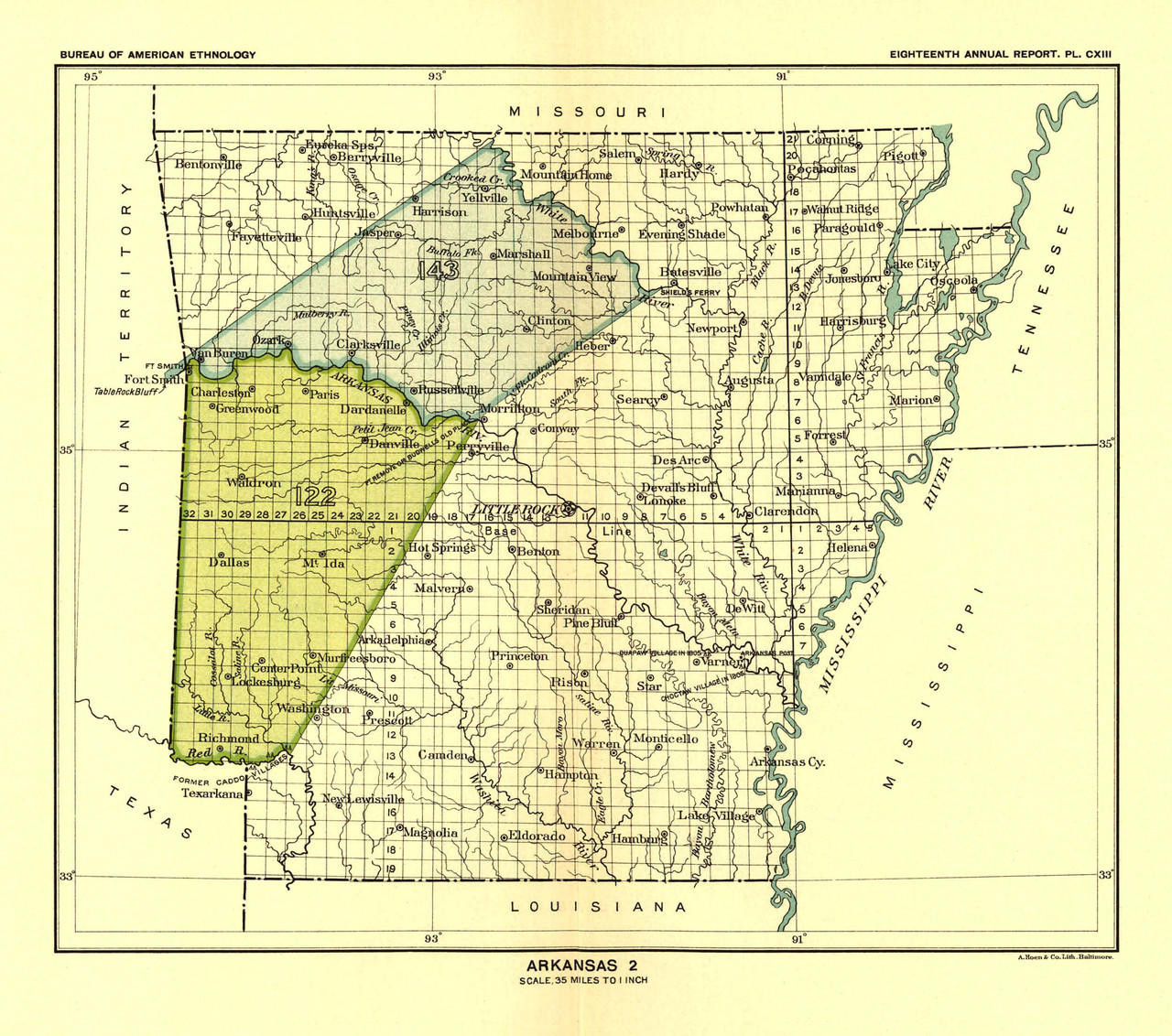 Historical Map of Arkansas - Indian Lands - 1896 - J.W. Powell, image 1, World Maps Online