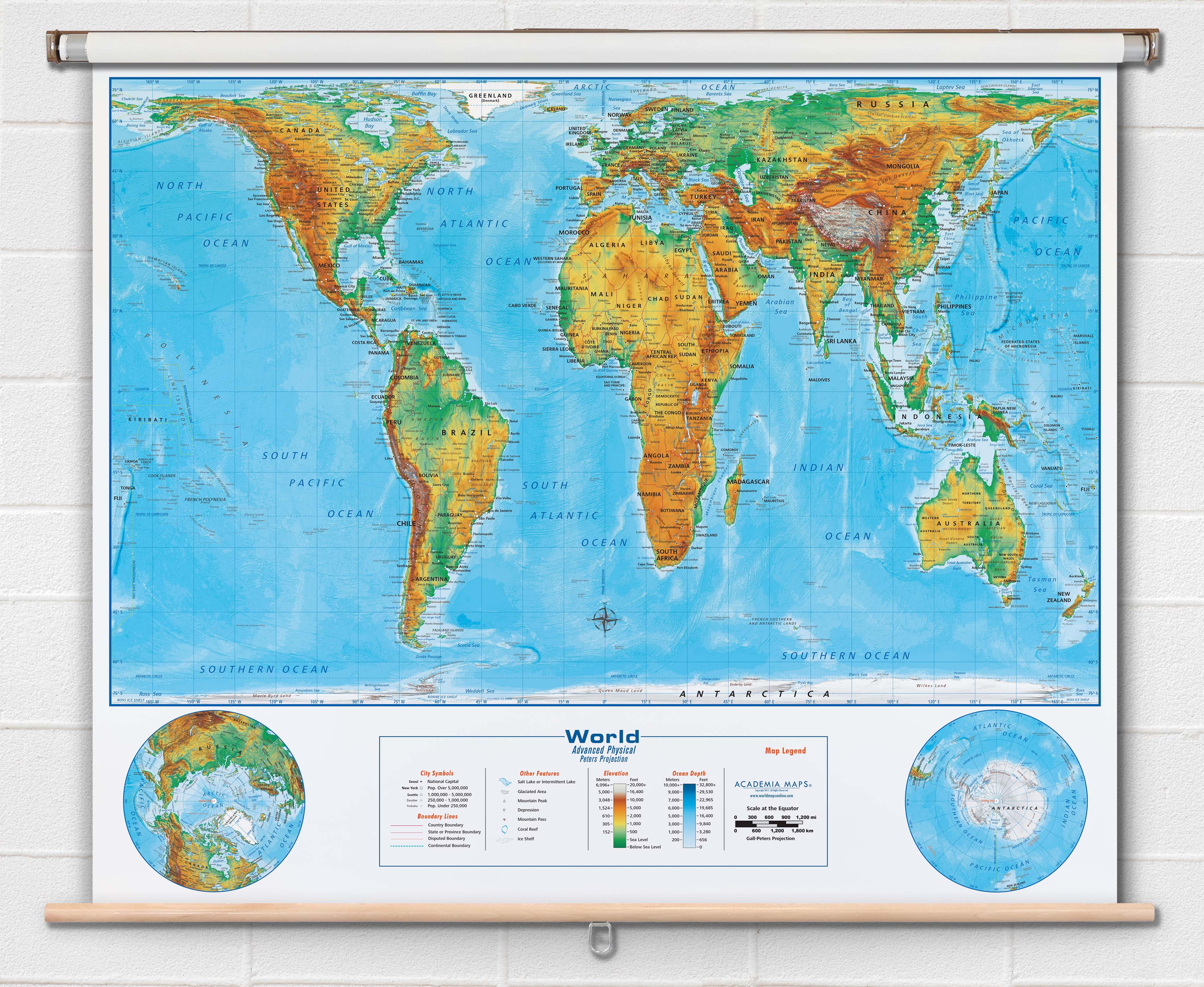 Gall Orthographic Projection Physical World Map on Pull-Down Spring Roller