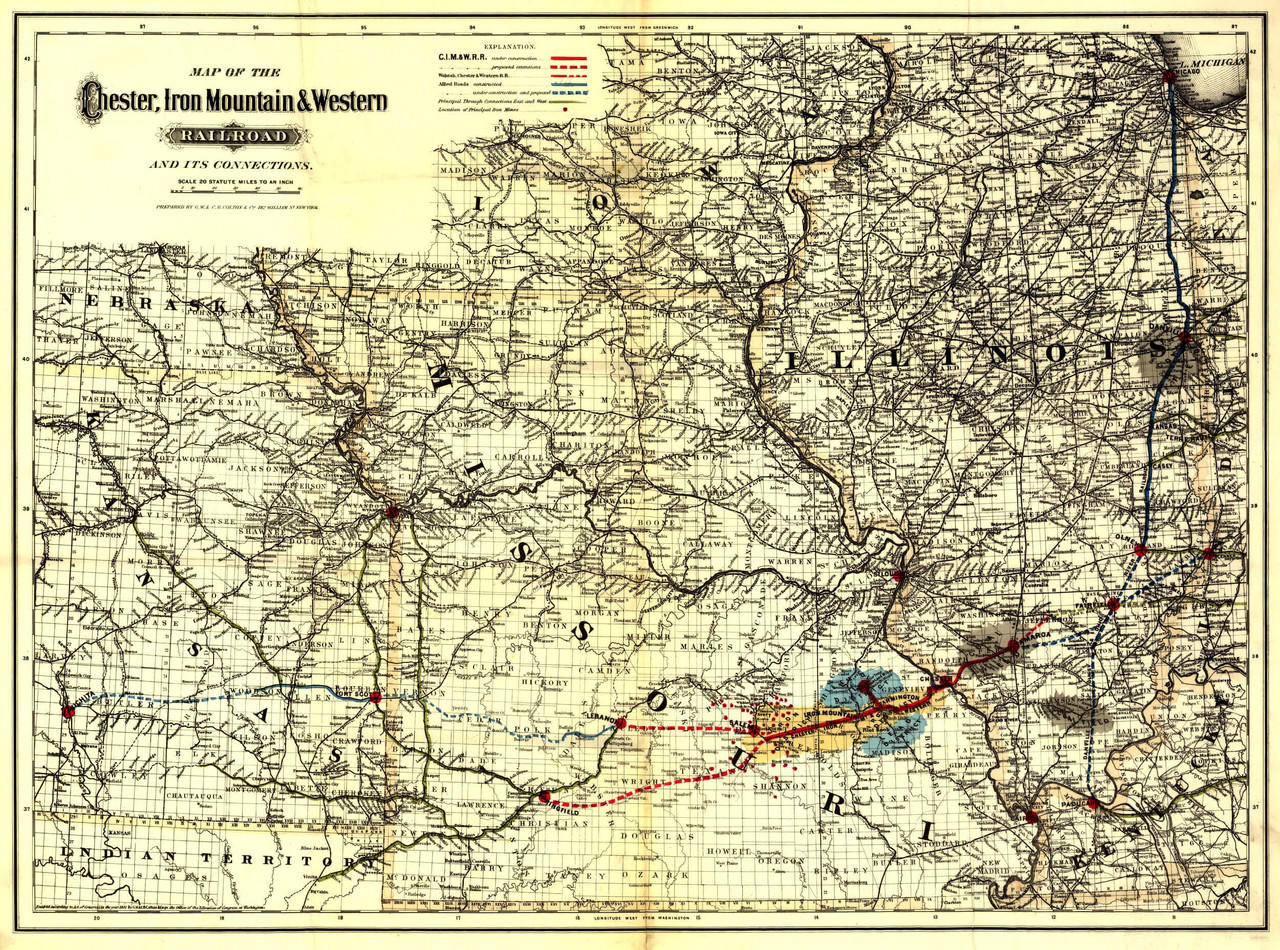 Historic Railroad Map of the Midwest - 1881 Chester, Iron Mountain & Western Railroad, image 1, World Maps Online
