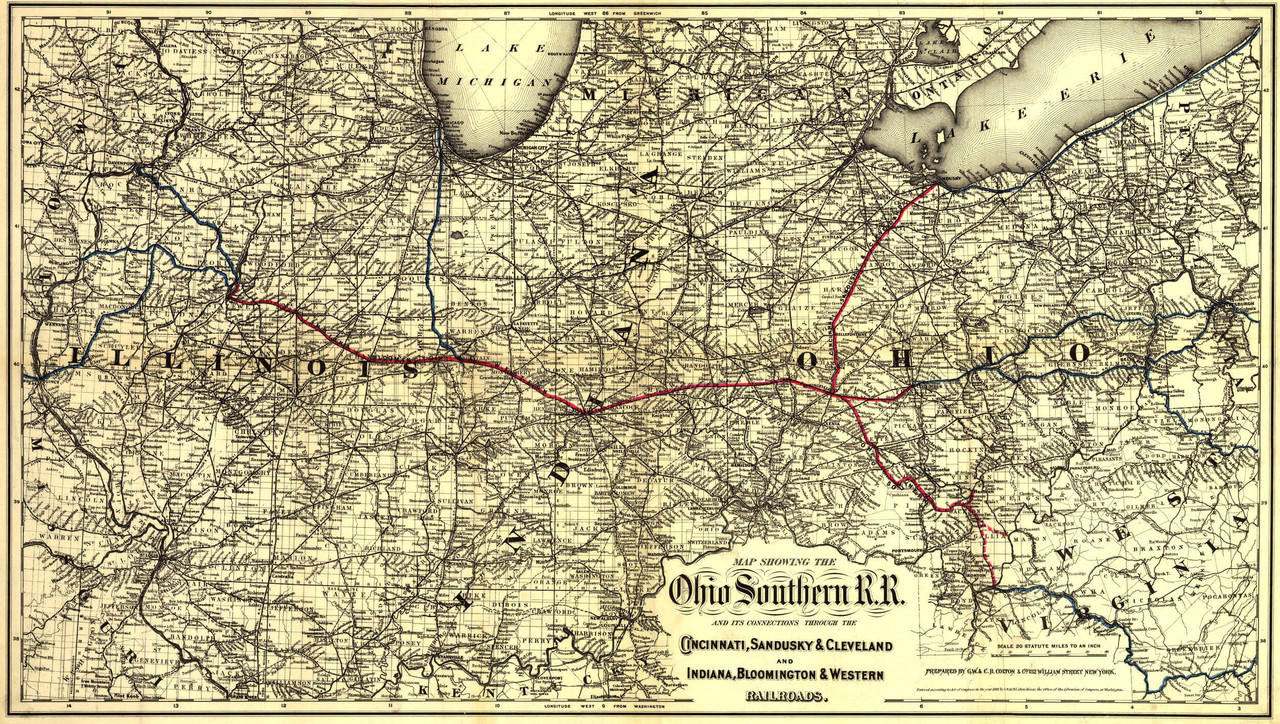 Historic Railroad Map of the Midwest - 1881 - Ohio Southern Railroad, image 1, World Maps Online
