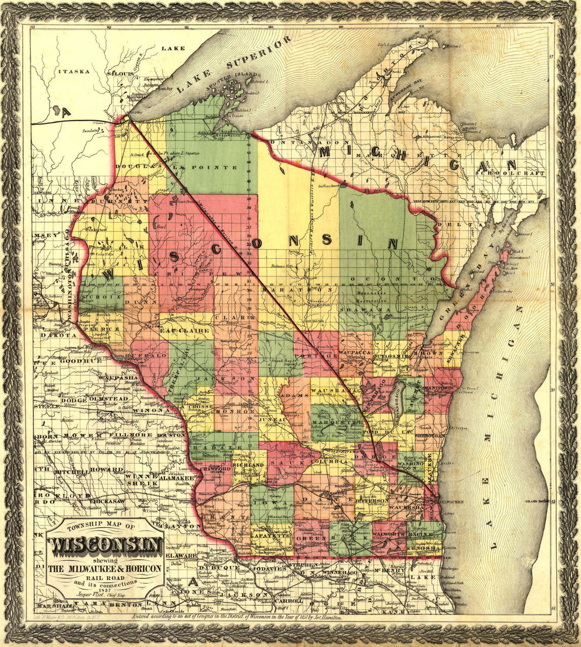 Historic Railroad Map of Wisconsin - 1857 - Milwaukee and Horicon Railroad, image 1, World Maps Online