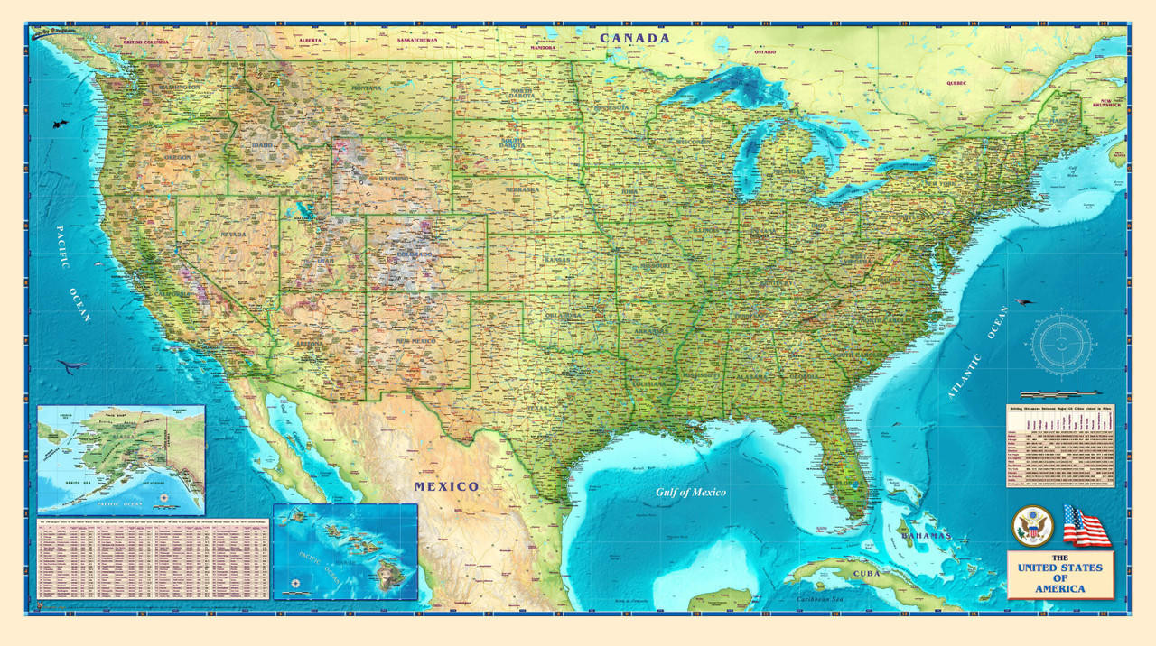 United States Physical Wall Map from Compart Maps, image 2, World Maps Online