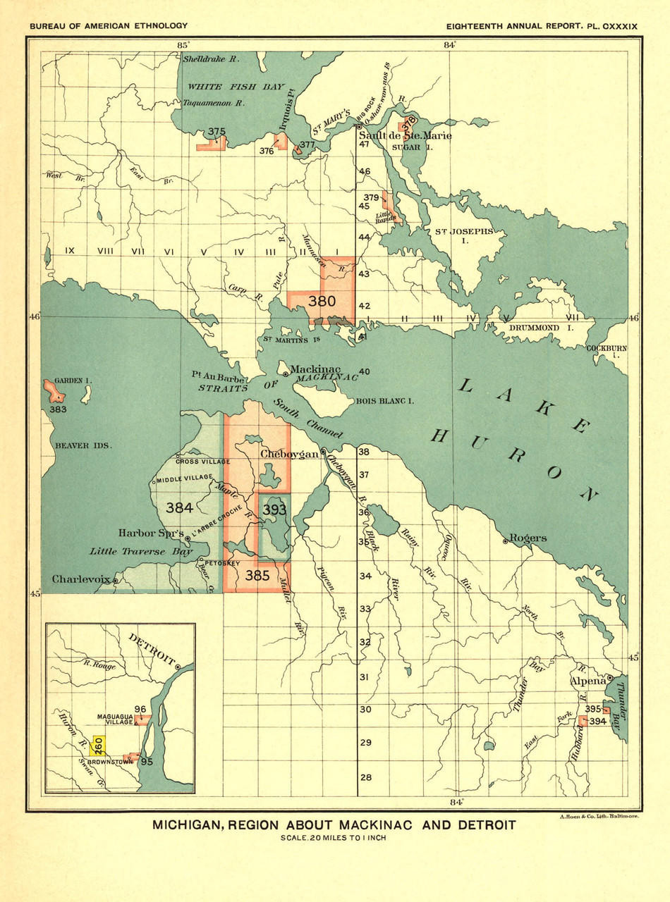 Historical Map of Michigan - Indian Lands -  1896 - J.W. Powell, image 1, World Maps Online