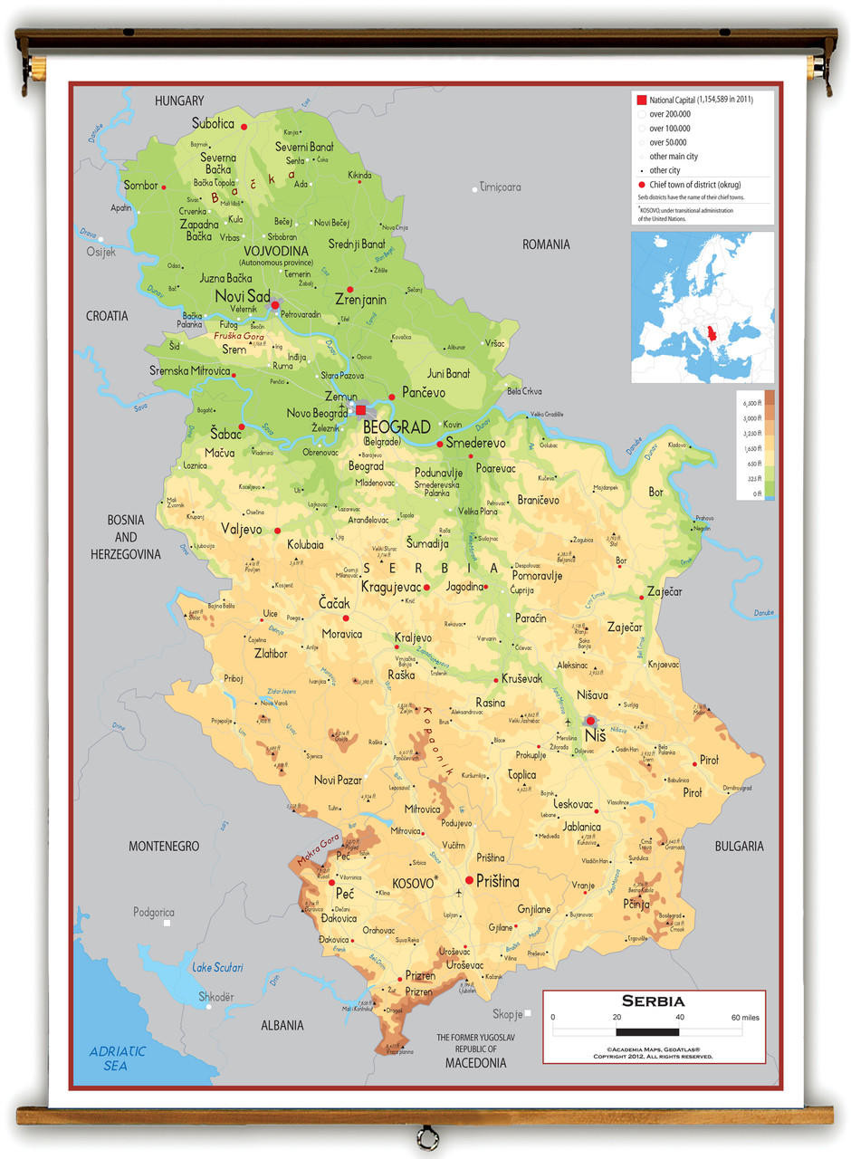 Serbia Physical Educational Map from Academia Maps, image 1, World Maps Online