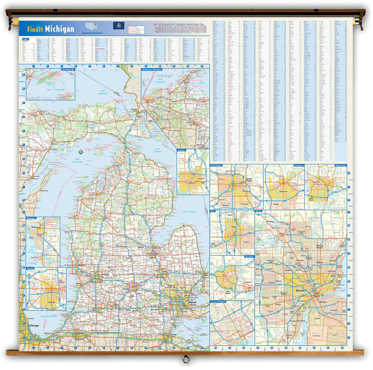 Michigan Reference Spring Roller Map, image 1, World Maps Online