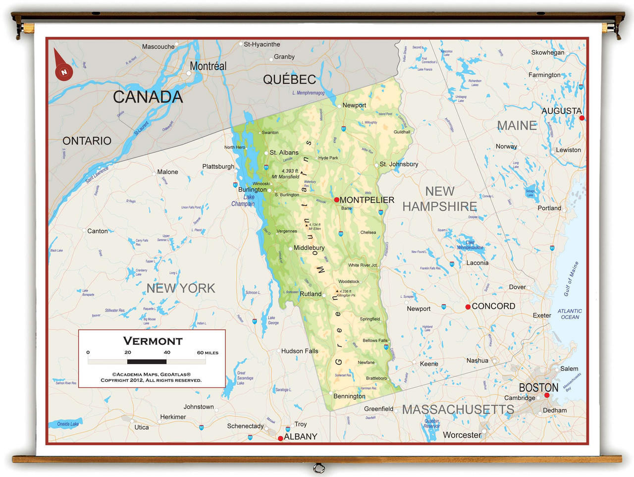 Vermont Physical Spring Roller Map, image 1, World Maps Online