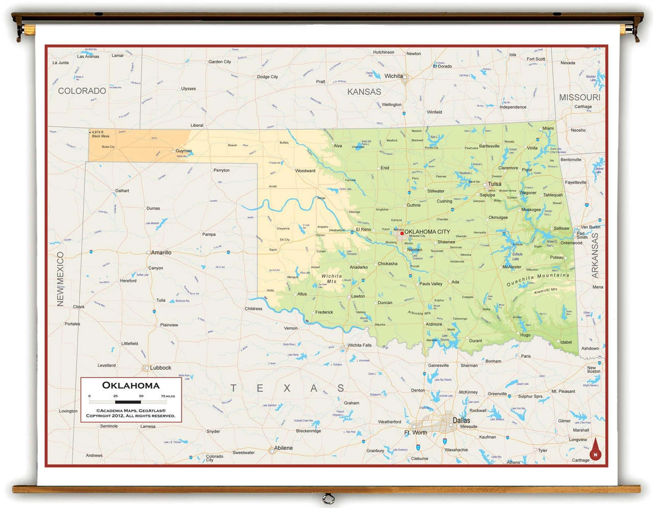 Oklahoma Physical Pull-Down Map, image 1, World Maps Online