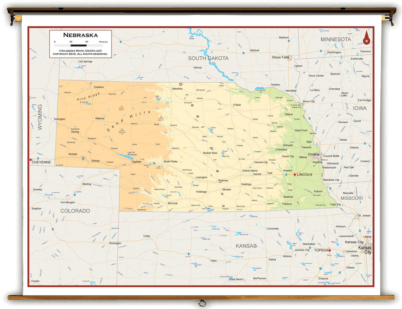 Nebraska Physical Spring Roller Map, image 1, World Maps Online