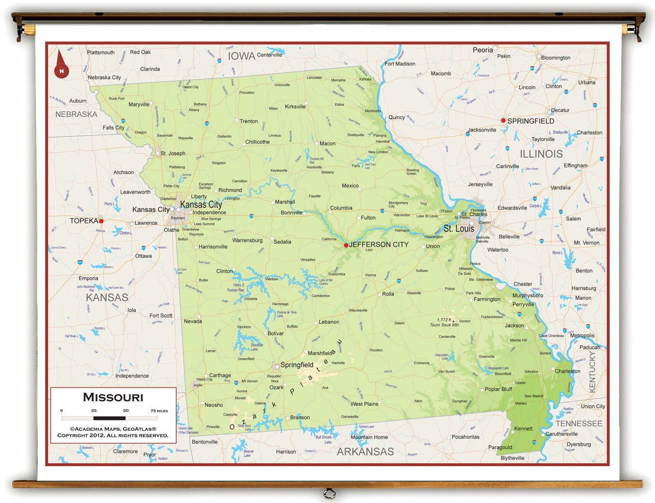 Missouri Physical Spring Roller Map, image 1, World Maps Online