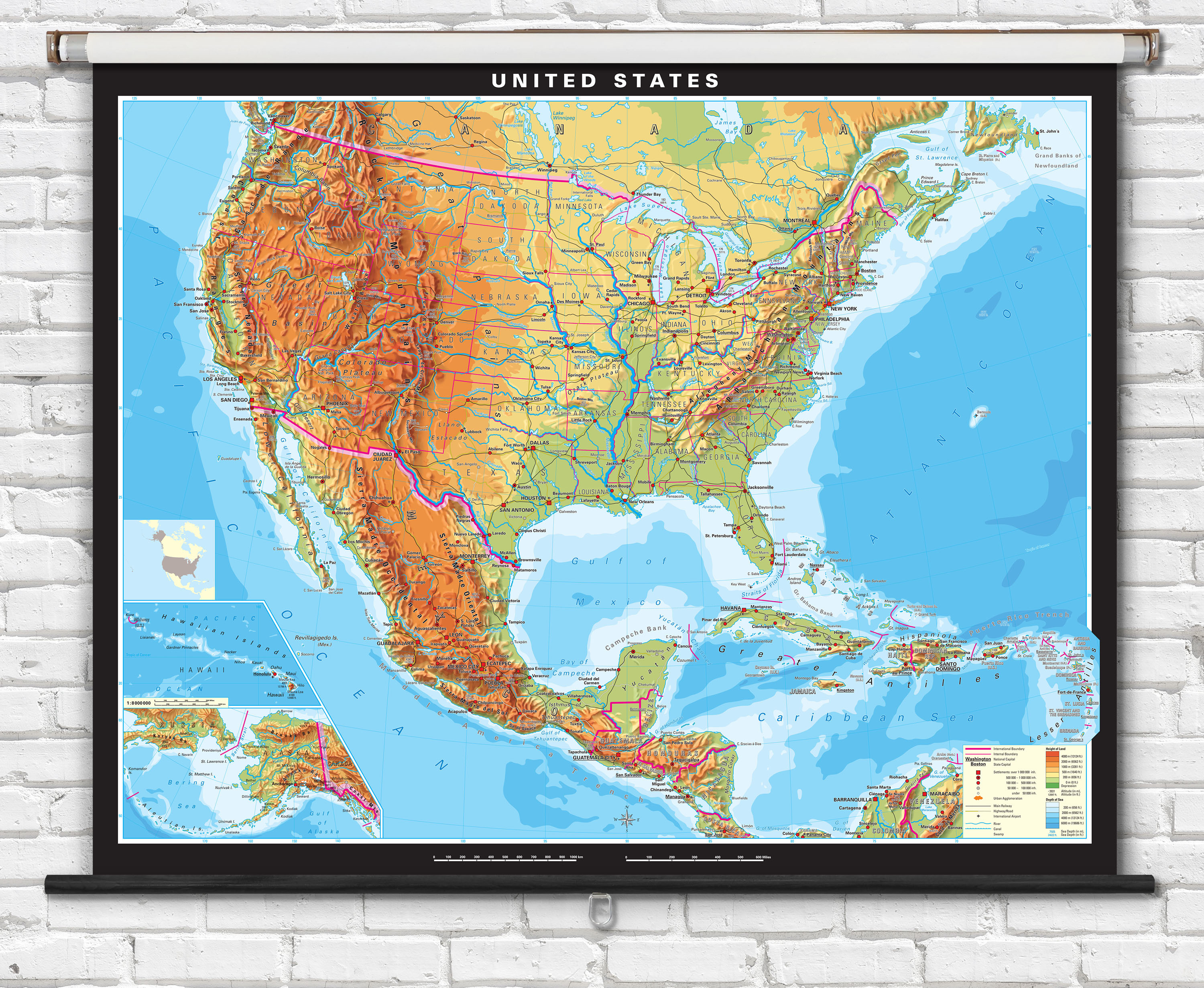 Extra Large United States Physical Classroom Spring Roller Map