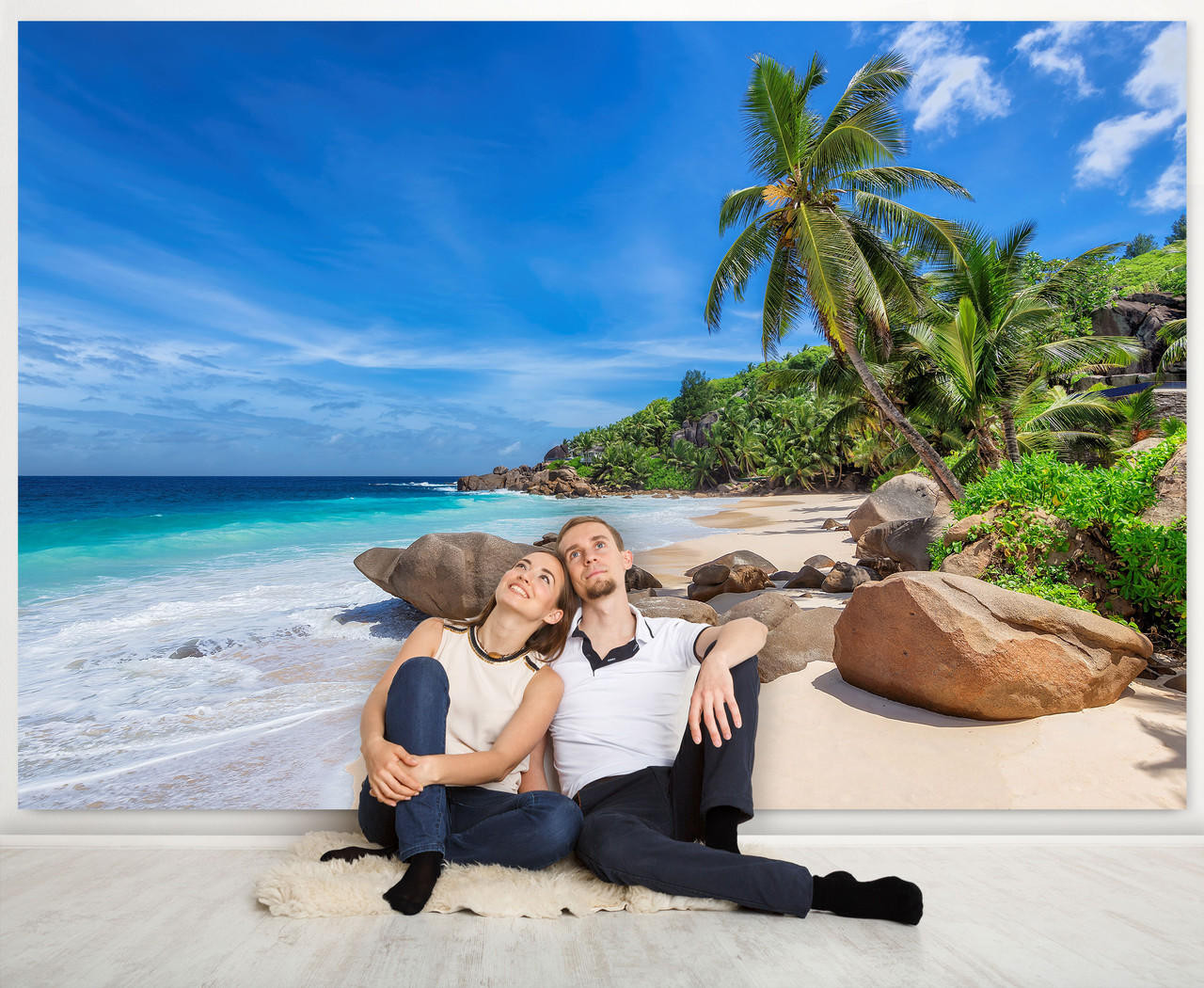 Tropical Beach w/ Coconut Palm Trees in Seychelles Wall Mural, image 1, World Maps Online