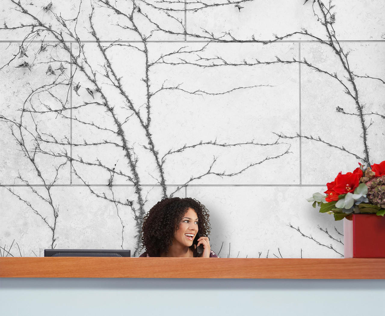 White Marble Tile Wall w/ Creeper Plant Backdrop Wall Decal, image 1, World Maps Online