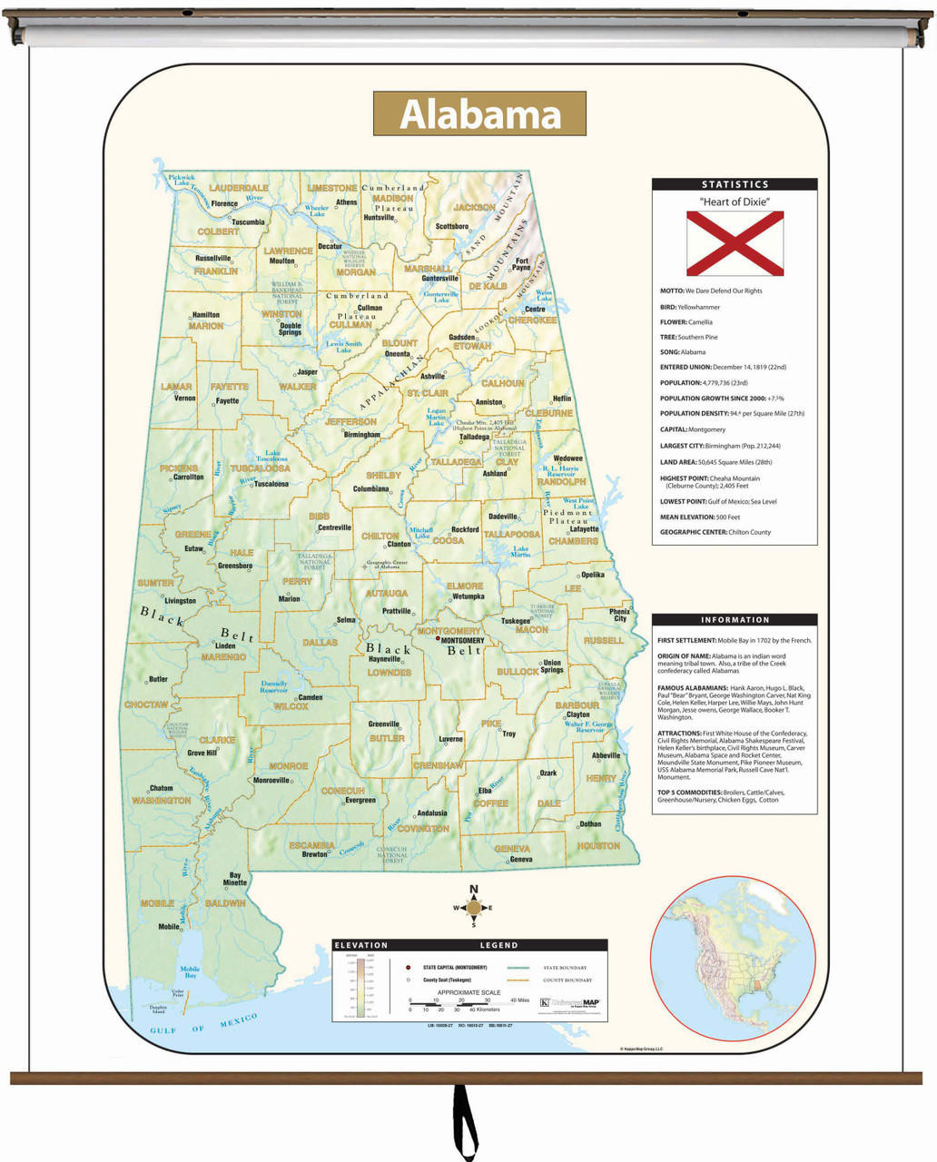 Alabama Large Shaded Relief Map on Spring Roller from Kappa Maps, image 1, World Maps Online