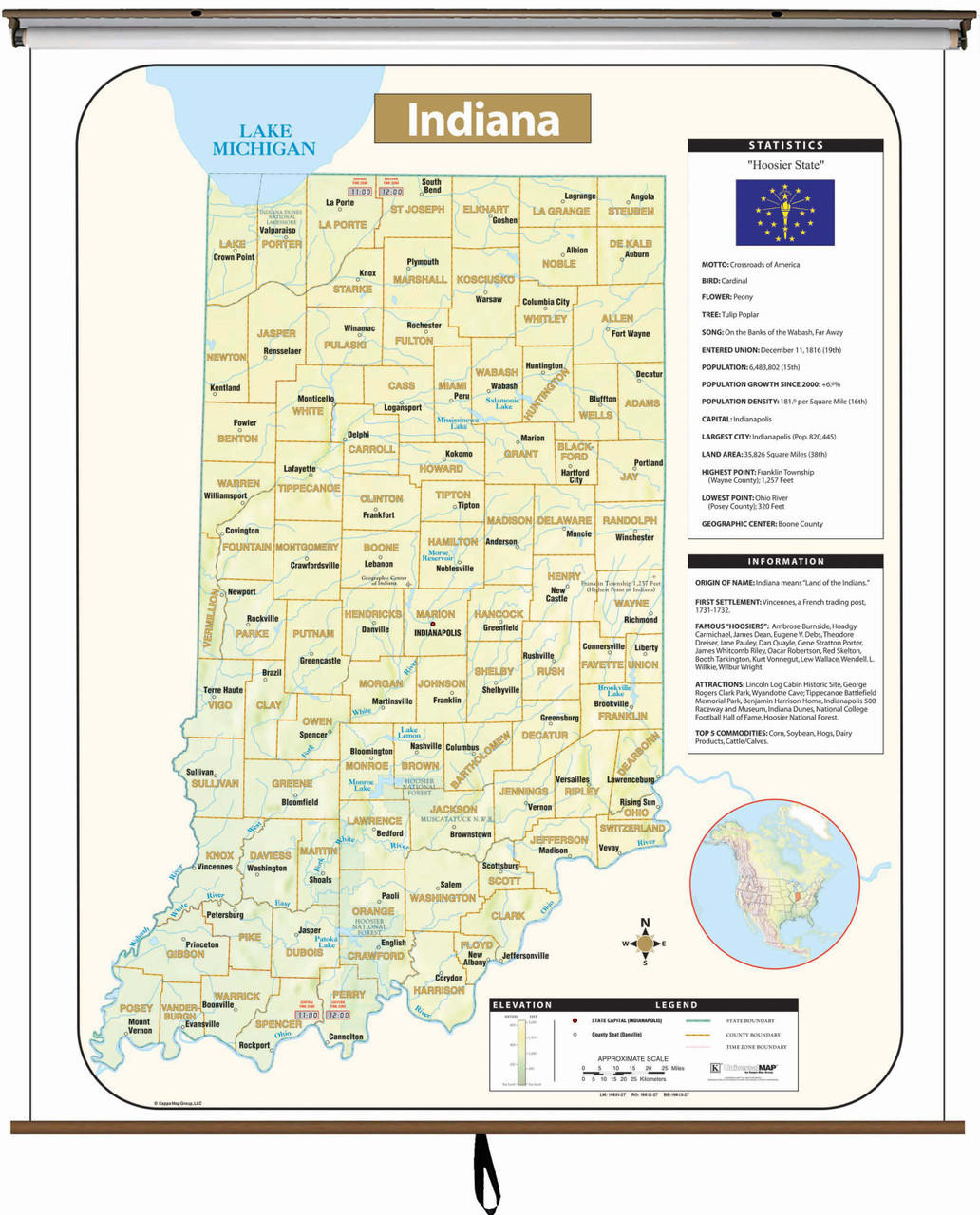 Indiana Large Shaded Relief Map on Spring Roller from Kappa Maps, image 1, World Maps Online