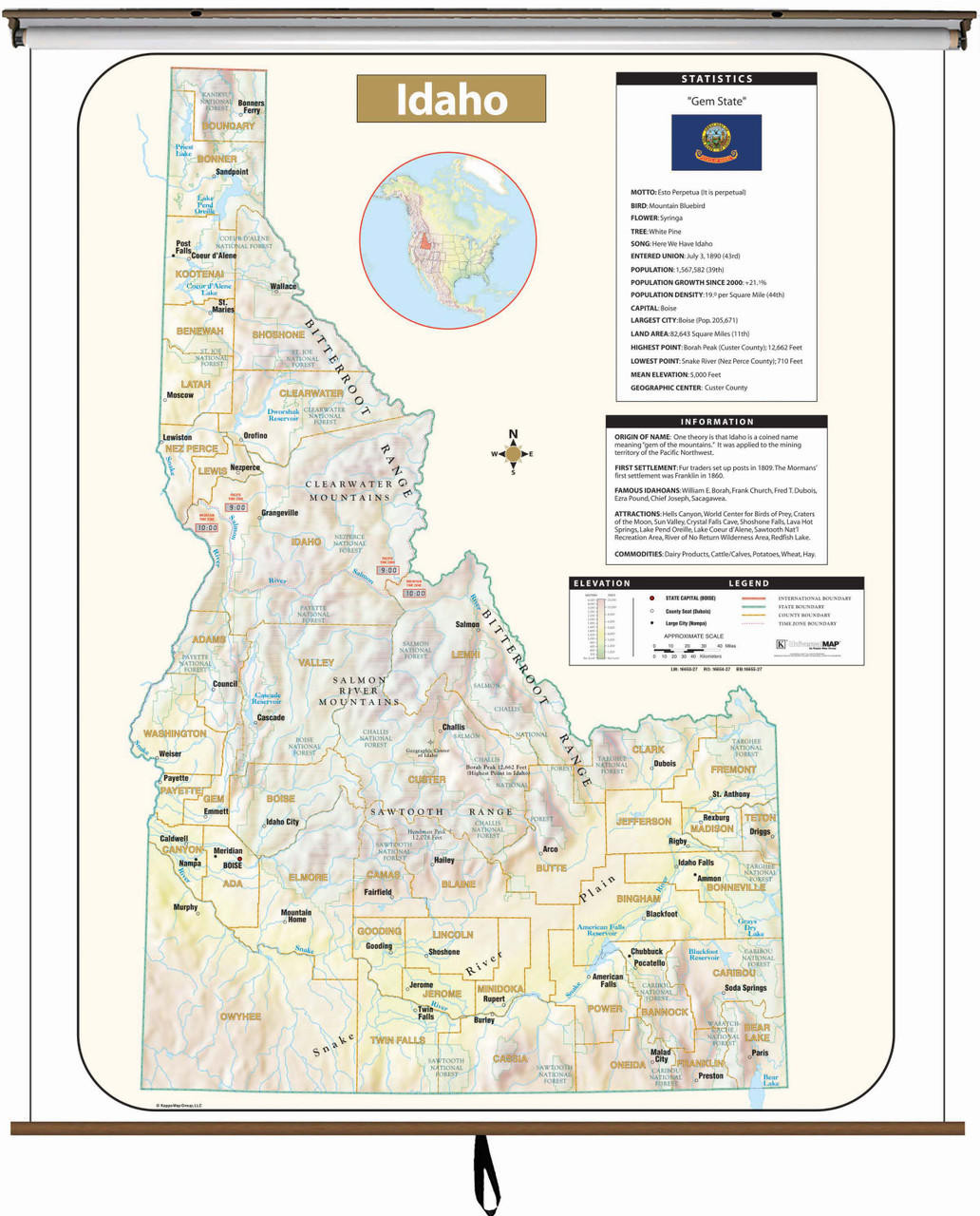 Idaho Large Shaded Relief Map on Spring Roller from Kappa Maps, image 1, World Maps Online