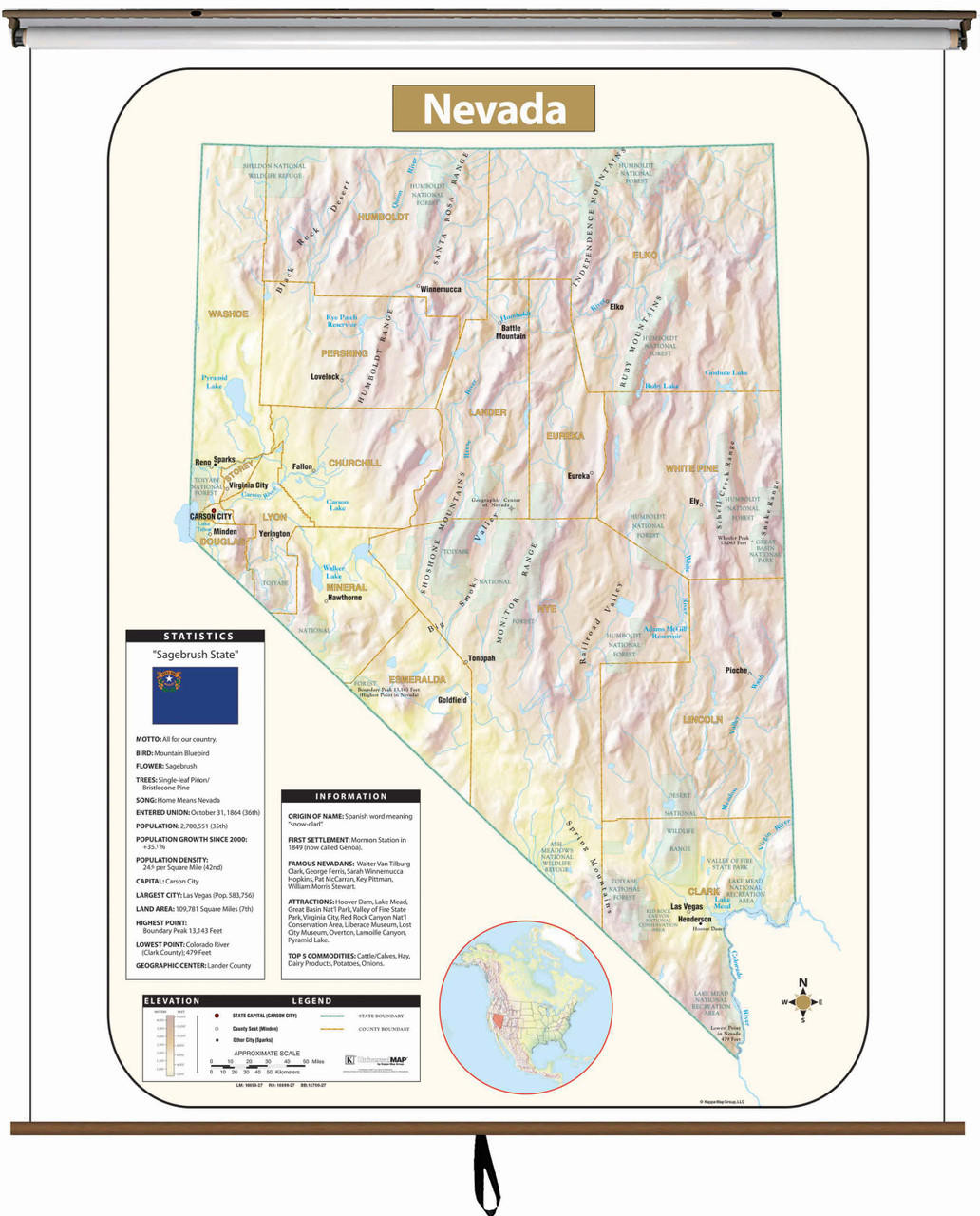 Nevada Large Shaded Relief Map on Spring Roller from Kappa Maps, image 1, World Maps Online