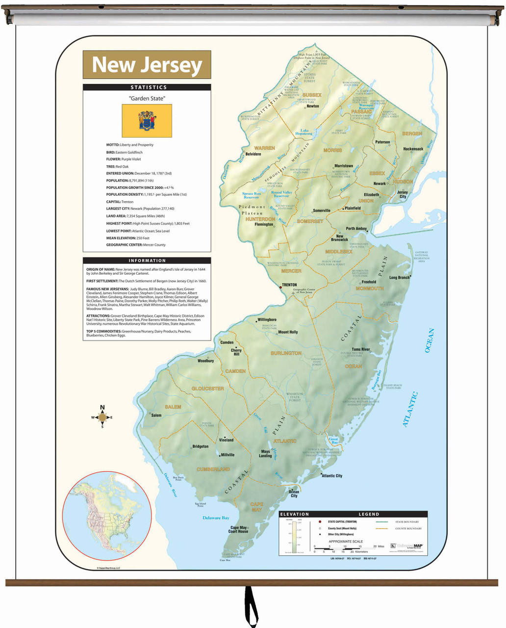 New Jersey Large Shaded Relief Map on Spring Roller from Kappa Maps, image 1, World Maps Online