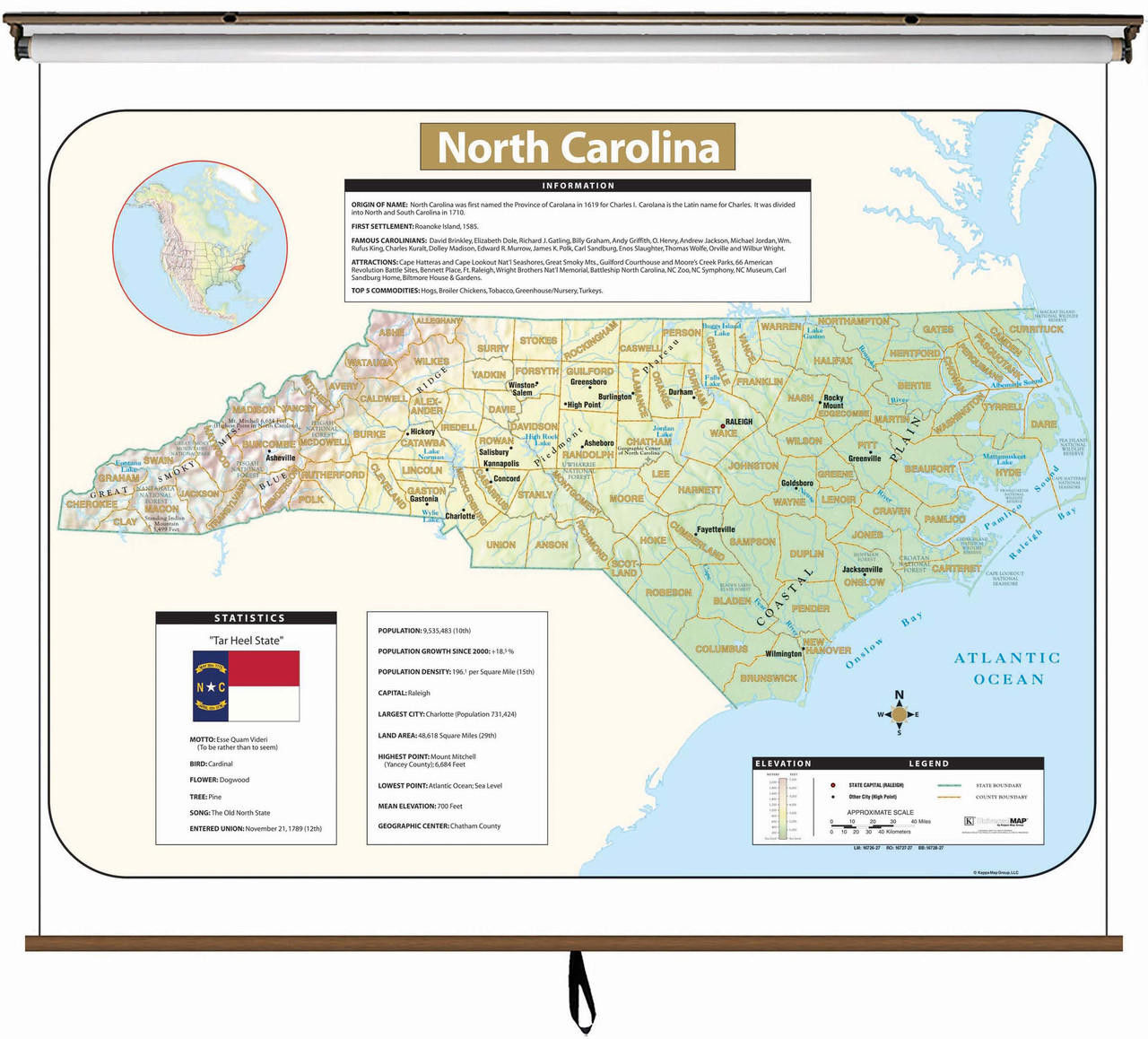 North Carolina Large Shaded Relief Map on Spring Roller from Kappa Maps, image 1, World Maps Online