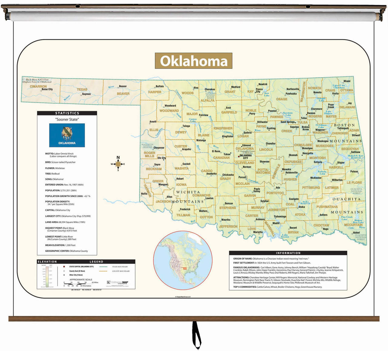 Oklahoma Large Shaded Relief Map on Spring Roller from Kappa Maps, image 1, World Maps Online