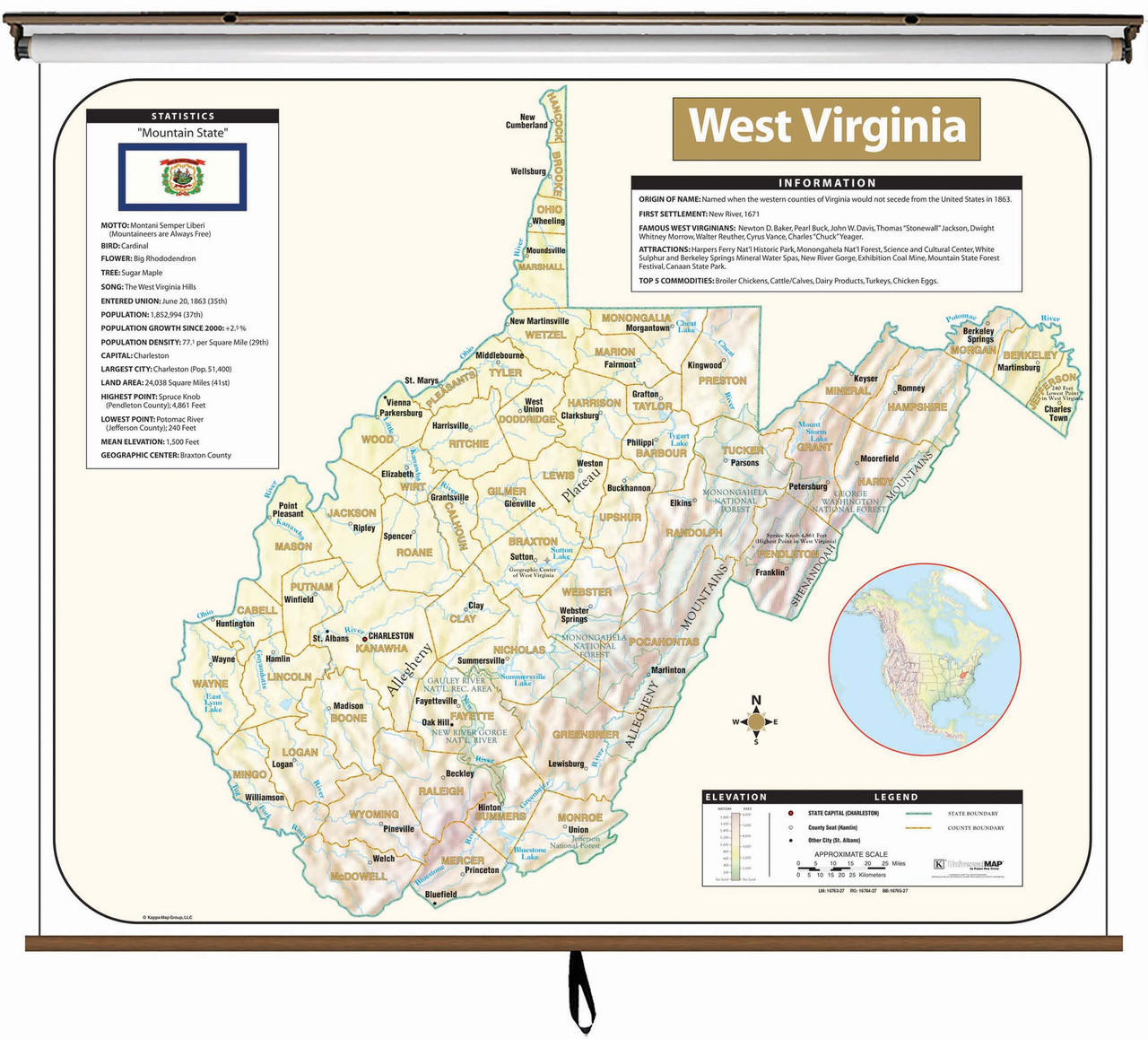 West Virginia Large Shaded Relief Map on Spring Roller from Kappa Maps, image 1, World Maps Online