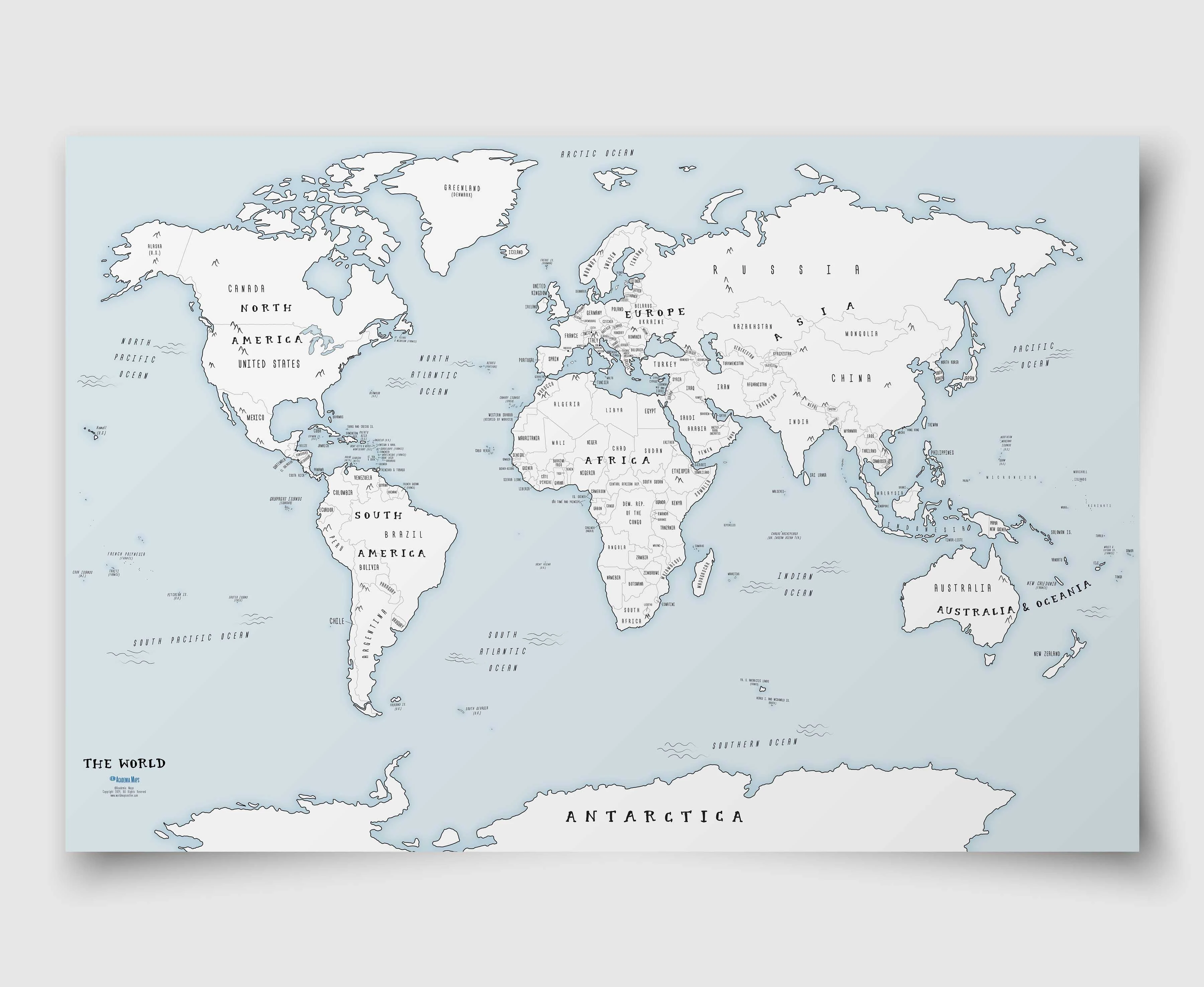 World Coloring Map for Kids - Blue Oceans Wall Decal Doodle Map Archival Paper Print