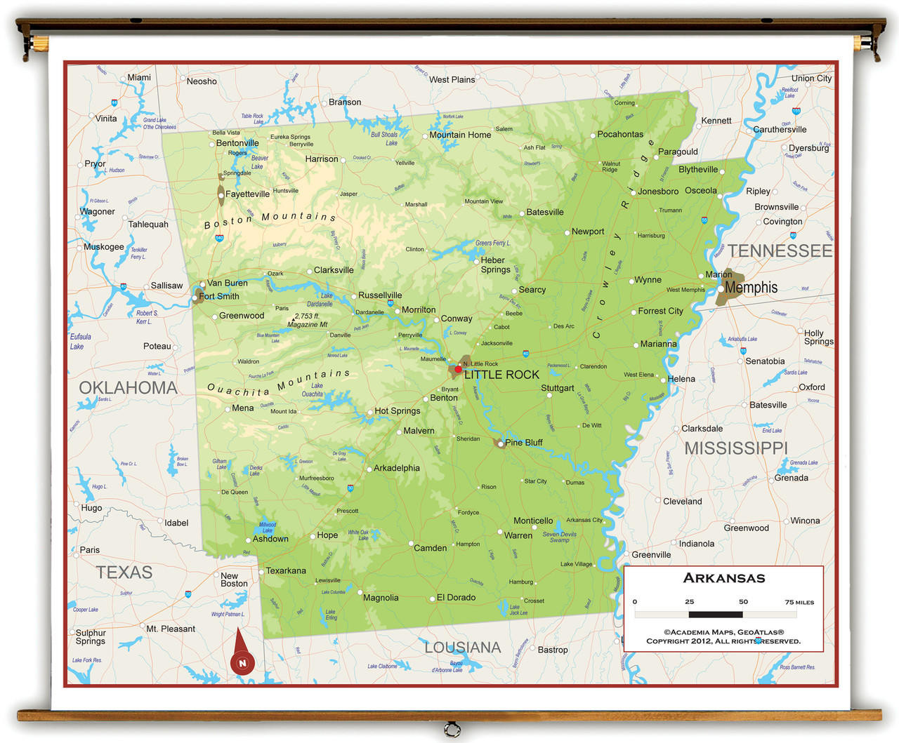 Arkansas Physical Spring Roller Map, image 1, World Maps Online