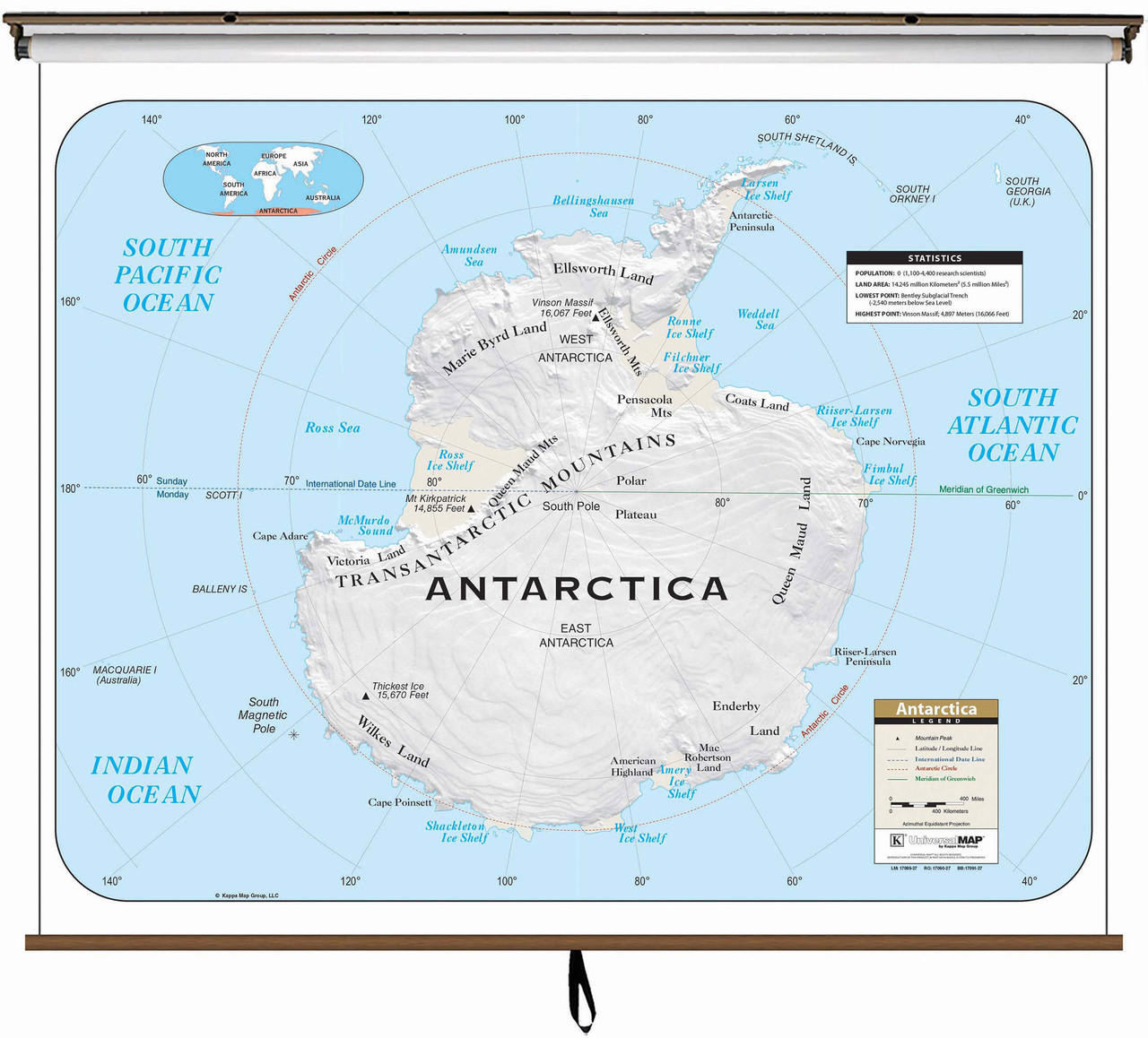 Antarctica Large Shaded Relief Map on Spring Roller from Kappa Maps, image 1, World Maps Online